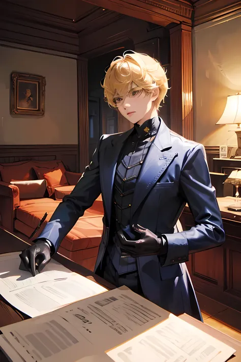 blonde,dark eyes,long coat,blue inner,gloves,abandoned house,castle,night,masterpiece,8k,thief,butler