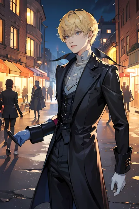 blonde,dark eyes,long coat,blue inner,gloves,abandoned house,city,night,masterpiece,8k,thief,butler