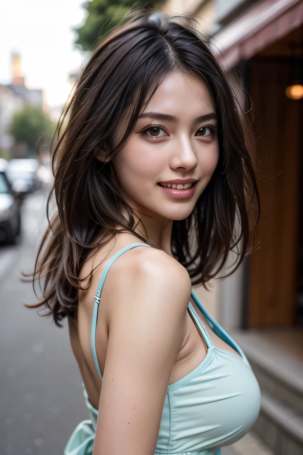 (8k, RAW Photos, highest quality, masterpiece, Realistic, Realistic), (1 female), (Ultimate beauty), Highly detailed face, (Perfect Teeth), Beautiful Eyes, double eyelid, eyelash, smile, Lip details, (Neat brunette bob), The light shines on your face, Big Breasts, ((Colorful mini dresses)), (front view), (background: none),  Background blur