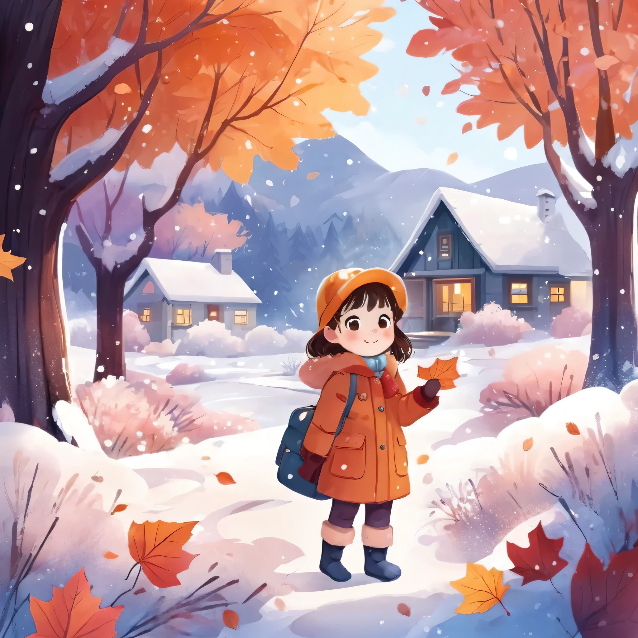 Seasonal 子供たち&#39;sの本のイラスト, 秋冬のカラーパレット,  霜の風景,霜の天気, コンテンツ感情
,子供たち's books, 子供たち&#39;レッドマフ,
 