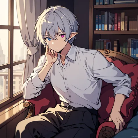 Cool male elf with purple and blue heterochromia, Silver straight hair, Wearing a white shirt, Wearing slacks, sitting on a sofa...
