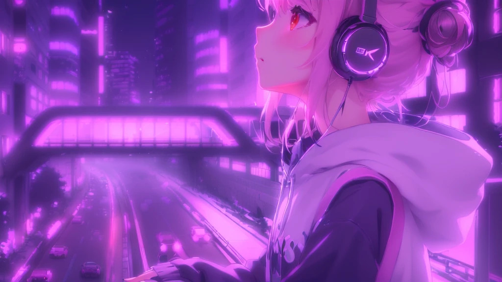 Anime girl wearing headphones and looking at the night city, Anime ...