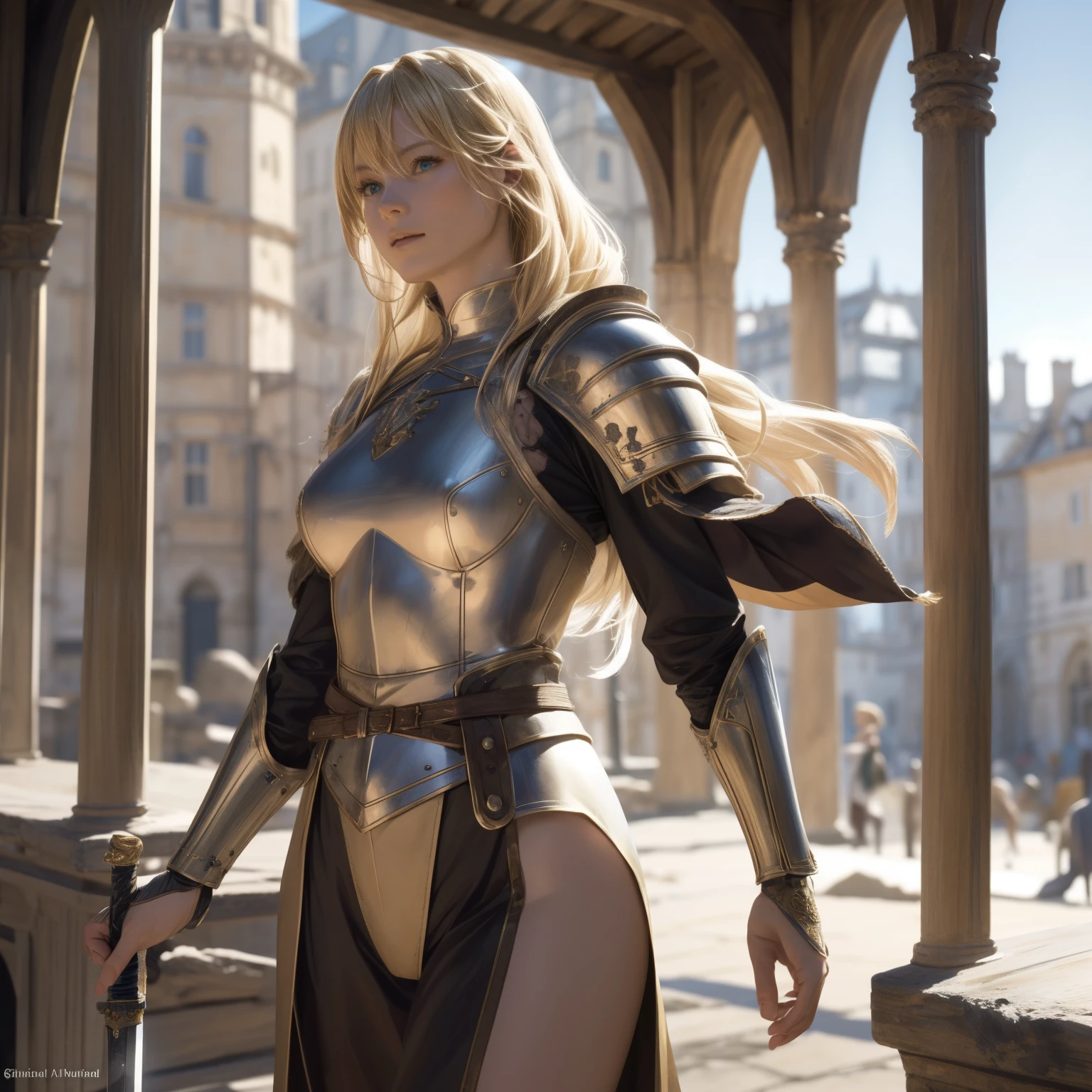 A heroic female warrior with a damaged cloak walking away, long blonde hair flowing, in a swordsman style light armor, slender figure, toned thighs and round buttocks, wearing earth-tone long tights, in an old European medieval town with swirling dust, low angle shot from below, celebrating the hero's return. (best quality, 4k, 8k, highres, masterpiece:1.2), ultra-detailed, realistic, photorealistic, photo-realistic:1.37, HDR, UHD, studio lighting, ultra-fine painting, sharp focus, physically-based rendering, extreme detail description, professional, vivid colors, bokeh, fantasy, medieval, cinematic, dramatic, heroic, adventurous, atmospheric, intricate, detailed, ornate, elegant, sophisticated, female protagonist, strong female character, blonde hair, long hair, toned body, tight outfit, damaged cloak, sword, medieval town, old buildings, swirling dust, low angle, looking back