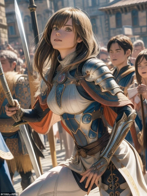 realistic, hyper detailed, masterpiece, ultra detailed, 1 female warrior, cape billowing, long flowing hair, swordsman style, light armor, (earth-toned long leggings), slim figure, toned thighs, toned round buttocks, medieval European town, swirling dust, low angle shot, from below, cheering crowd celebrating hero's return