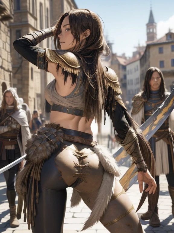 a female warrior with a tattered cloak walking away, long flowing hair, swordsman-like, light armor, slender figure, toned thighs, toned round buttocks, (wearing earth-toned long leggings), medieval European old town setting, swirling dust, low angle shot, viewed from below, people cheering the triumphant hero