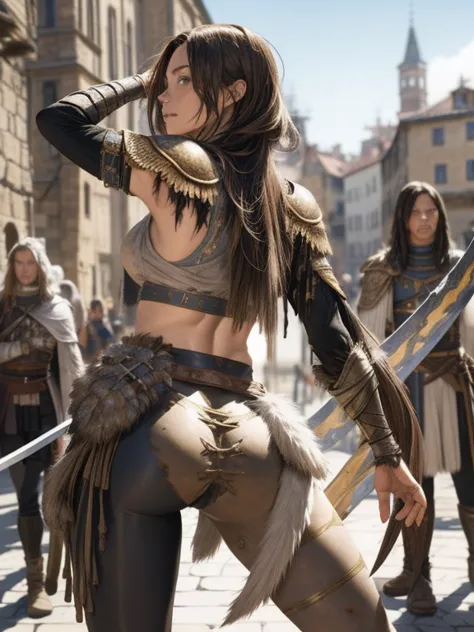 a female warrior with a tattered cloak walking away, long flowing hair, swordsman-like, light armor, slender figure, toned thigh...