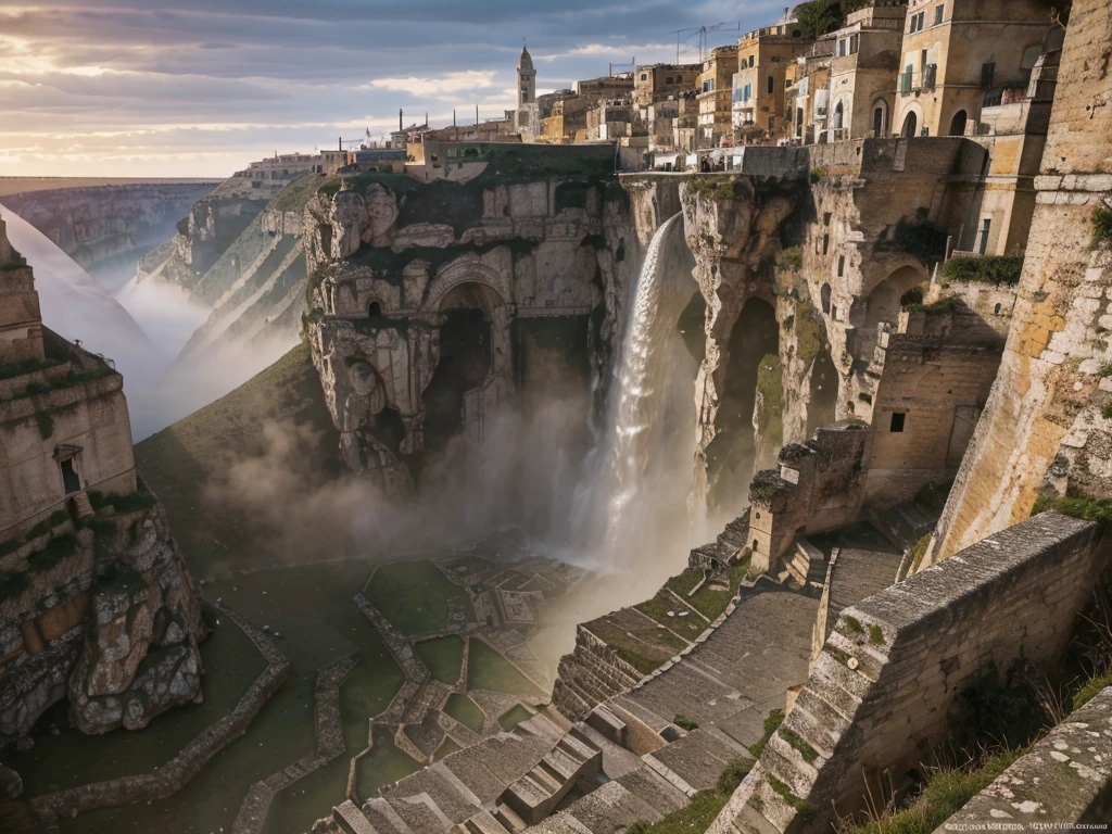 ((highest quality)), (ultra high resolution), (Super detailed), (detailed description), ((best CG)), (best work of art), super precision art, amazing drawing art, (Fantasy art with precise details:1.5), empire city similar to Venice, long entry bridge over massive waterfall into lower city. Sassi di Matera, Italy. sassi_di_matera. Outdoor in streets of Matera. The character is surrounded by mist, evoking a mysterious and eerie atmosphere. The lighting is dark and atmospheric, with a red smoke adding a touch of sinister ambiance. The image is of the best quality, with a resolution of 4k and HDR enhancement, showcasing the utmost level of detail and realism, nsfw, full body shot. [[YES SFW]], photorealistic man wearing a black hoodie is waiting for the Apocalypse.