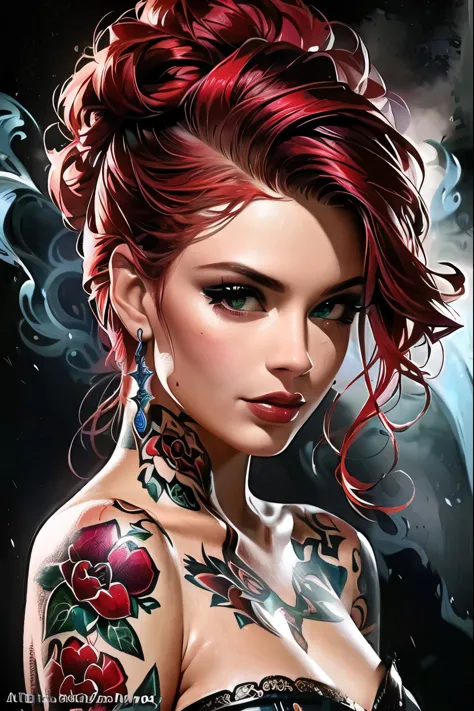 a woman with tattoos and red hair is posing for a photo, no estilo de Anne Stokes, airbrush arte digital, aetherpunk airbrush ar...