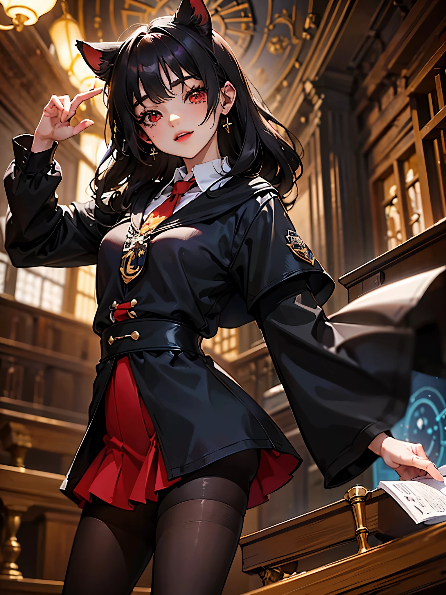 1chica junkotvv, long black hair with cat ears and red eyes Harry Potter theme magic and wizardry (varita magica en la mano y objetos volando), castillo de harry potter, hogwarts, gryffindor, que muestra a una joven profesora femenina con grandes pechos, Vestirse apropiadamente, ropa profesional, Well organized printing, youthful energy, Piel suave, ojos brillantes, Gentle and confident expression, cintura recta, Alto y segura, An air of tenacity and determination, mirada decidida, smile, Passion and dedication，Tiza en tu mano，pizarras，A group of students sat under the classroom podium，obra maestra，La mejor calidad en el mejor de los casos.，4k，8K，alta calidad，A high resolution, (harry potter style dress a black tunic white shirt with a red tie)