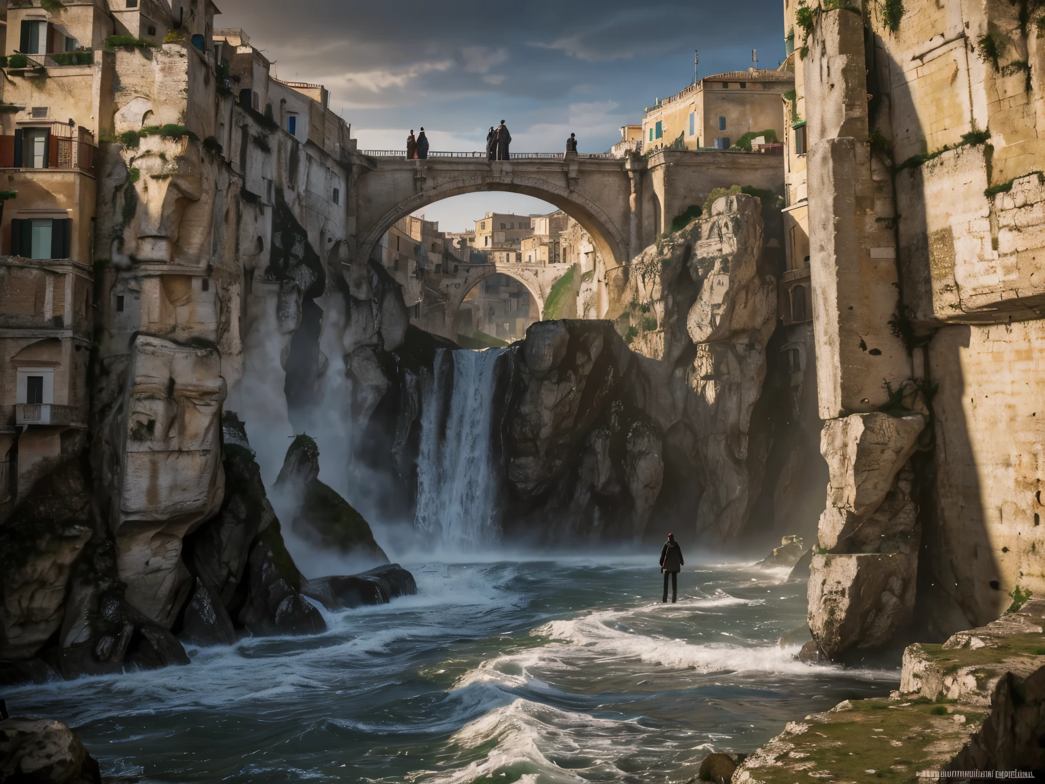 ((اعلى جودة)), (دقة عالية جدًا), (مفصلة للغاية), (وصف تفصيلي), ((أفضل سي جي)), (أفضل عمل فني), فن فائق الدقة, فن الرسم المذهل, (فن خيالي بتفاصيل دقيقة:1.5), مدينة إمبراطورية تشبه البندقية, جسر دخول طويل فوق شلال ضخم إلى المدينة السفلى. Sassi ل Matera, إيطاليا. الحجارة_ل_ماتيرا. في الهواء الطلق في شوارع ماتيرا. الشخصية محاطة بالضباب, مما يثير جو غامض وغريب. الإضاءة مظلمة وجوية, with a red smoke adلng a touch of sinister ambiance. الصورة هي من أفضل نوعية, مع دقة 4K وتعزيز HDR, عرض أقصى مستوى من التفاصيل والواقعية, NSFW, لقطة لكامل الجسم. [[نعم SFW]], photorealistic man wearing a black hooلe is waiting for the Apocalypse.