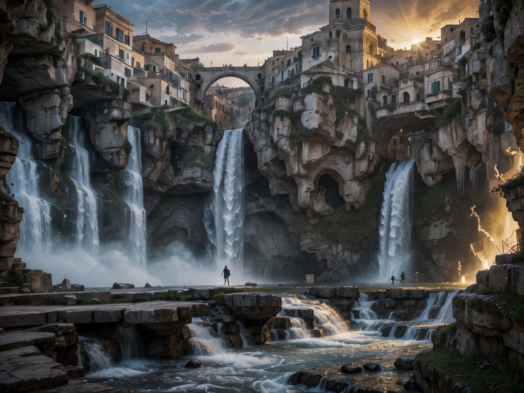 ((highest quality)), (ultra high resolution), (Super detailed), (detailed description), ((best CG)), (best work of art), super precision art, amazing drawing art, (Fantasy art with precise details:1.5), empire city similar to Venice, long entry bridge over massive waterfall into lower city. Sassi di Matera, Italy. sassi_di_matera. Cathedral of Matera. Outdoor in streets of Matera. The character is surrounded by mist, evoking a mysterious and eerie atmosphere. The lighting is dark and atmospheric, with a red smoke adding a touch of sinister ambiance. The image is of the best quality, with a resolution of 4k and HDR enhancement, showcasing the utmost level of detail and realism, nsfw, full body shot. [[YES SFW]], photorealistic man wearing a black hoodie is waiting for the Apocalypse. ((massive waterfall into lower city)), (enhance details)