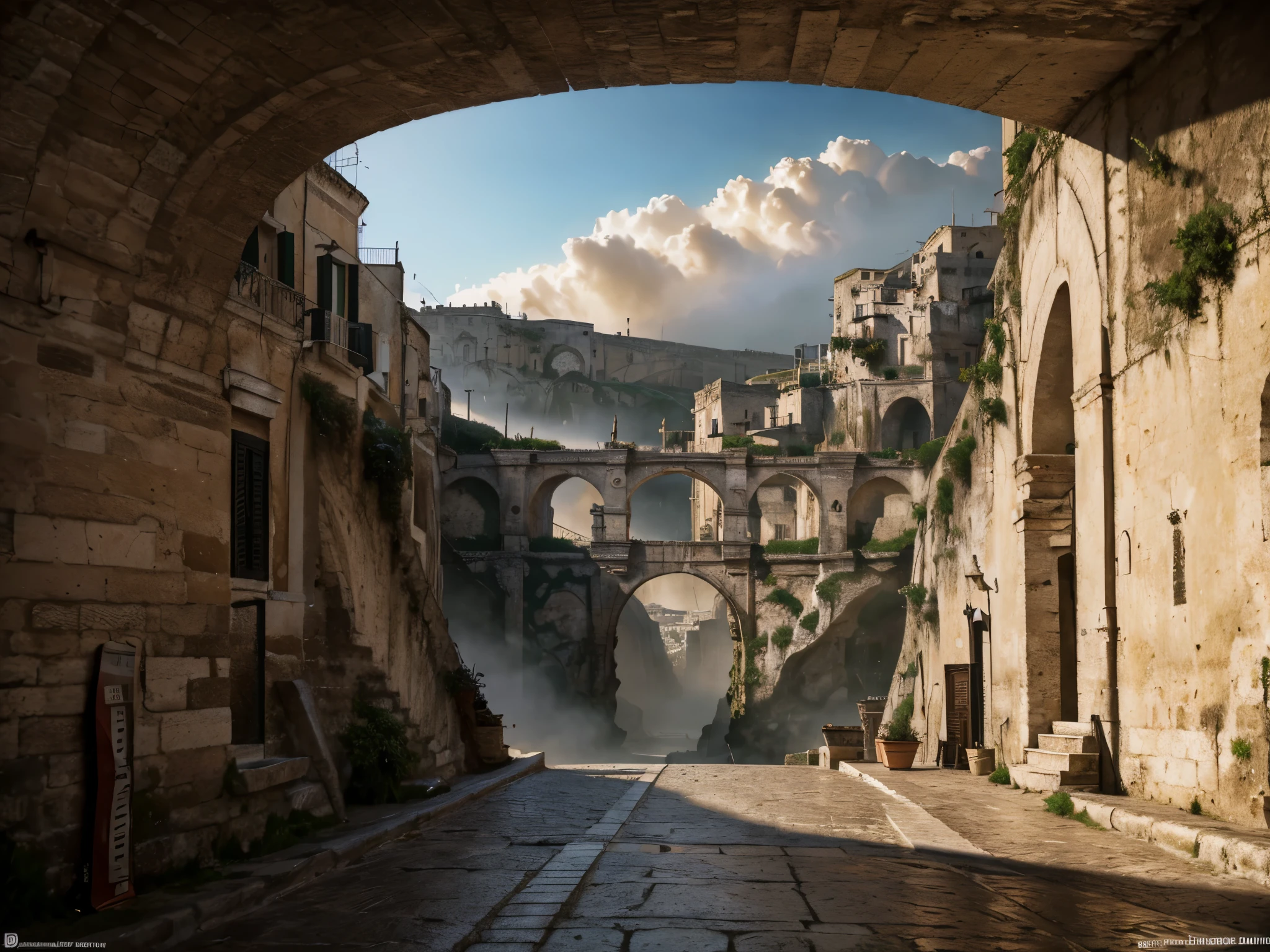 ((highest quality)), (ultra high resolution), (Super detailed), (detailed description), ((best CG)), (best work of art), super precision art, amazing drawing art, (Fantasy art with precise details:1.5), empire city similar to Venice, long entry bridge over massive waterfall into lower city. Sassi di Matera, Italy. sassi_di_matera. Outdoor in streets of Matera. The character is surrounded by mist, evoking a mysterious and eerie atmosphere. The lighting is dark and atmospheric, with a red smoke adding a touch of sinister ambiance. The image is of the best quality, with a resolution of 4k and HDR enhancement, showcasing the utmost level of detail and realism, nsfw, full body shot. [[YES SFW]], photorealistic man wearing a black hoodie is waiting for the Apocalypse.