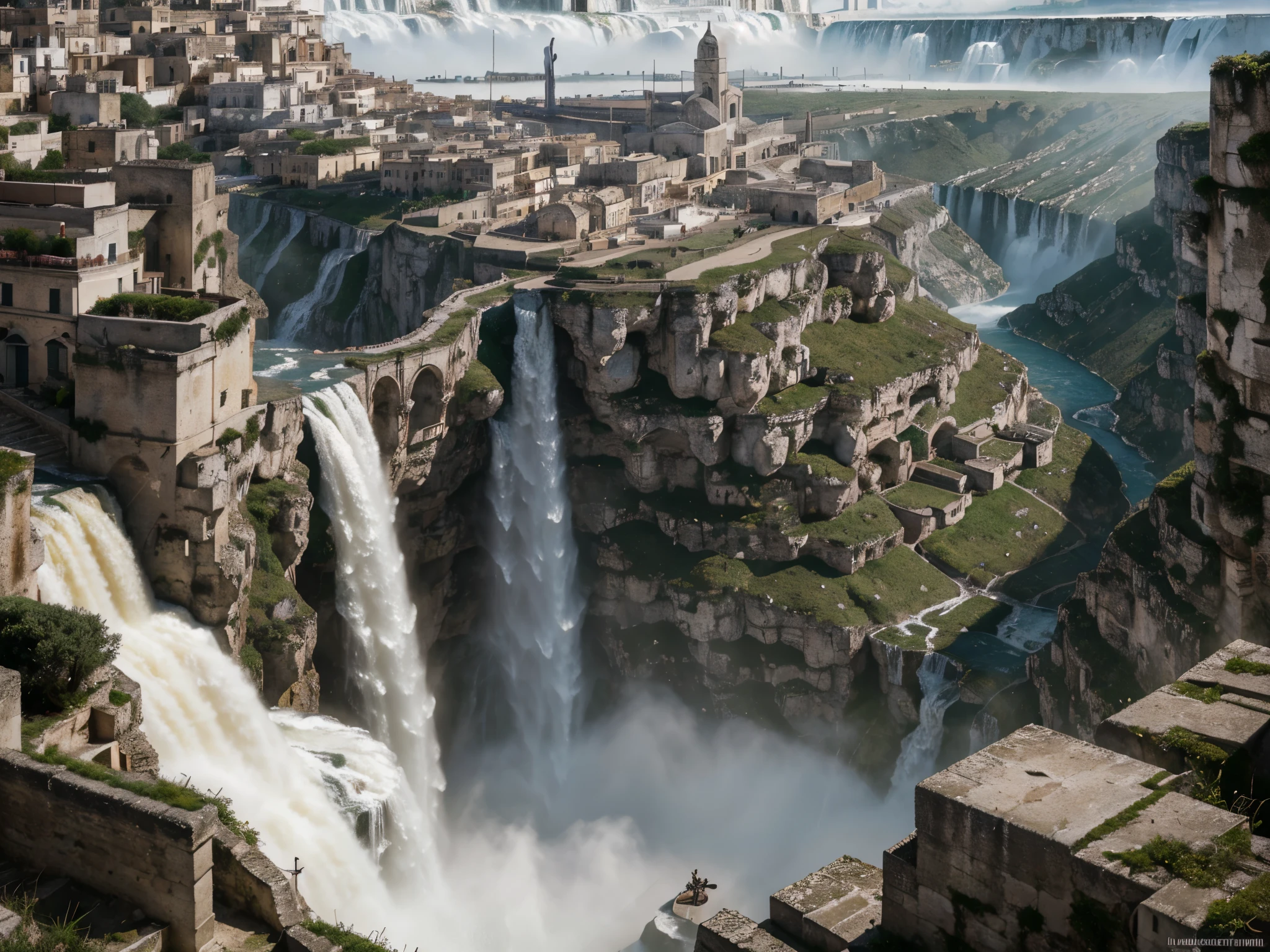 ((highest quality)), (ultra high resolution), (Super detailed), (detailed description), ((best CG)), (best work of art), super precision art, amazing drawing art, (Fantasy art with precise details:1.5), empire city similar to Venice, long entry bridge over massive waterfall into lower city. Sassi di Matera, Italy. sassi_di_matera. Cathedral of Matera. Outdoor in streets of Matera. The character is surrounded by mist, evoking a mysterious and eerie atmosphere. The lighting is dark and atmospheric, with a red smoke adding a touch of sinister ambiance. The image is of the best quality, with a resolution of 4k and HDR enhancement, showcasing the utmost level of detail and realism, nsfw, full body shot. [[YES SFW]], photorealistic man wearing a black hoodie is waiting for the Apocalypse. ((massive waterfall into lower city)), (enhance details)