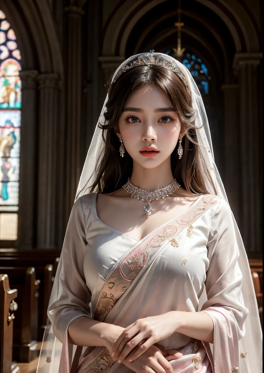 beautiful detailed eyes, beautiful detailed lips, extremely detailed eyes and face, long eyelashes, 1girl, beautiful Korean girl, exquisite bridal pink saree, standing in front of a beautiful church, ethereal lighting, soft pastel colors, cinematic lighting, dramatic composition, masterpiece, best quality, 4k, 8k, highres, ultra-detailed, photorealistic, professional, vivid colors