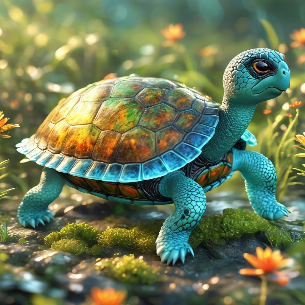 best quality, very good, 16K, ridiculous, Extremely detailed, Lovely(((turtle:1.3)))，Made of translucent boiling lava, Background grassland（（A masterpiece full of fantasy elements）））， （（best quality））， （（Intricate details））（8k）