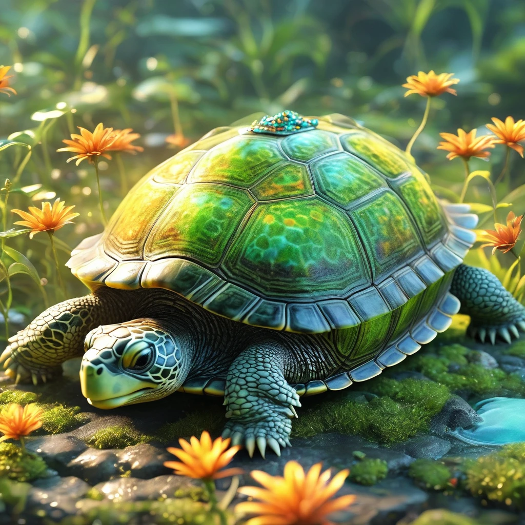 best quality, very good, 16K, ridiculous, Extremely detailed, Lovely(((turtle:1.3)))，Made of translucent boiling lava, Background grassland（（A masterpiece full of fantasy elements）））， （（best quality））， （（Intricate details））（8k）