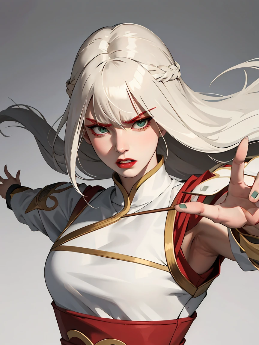 (masterpiece:1.2, best quality), (real picture, intricate details), 1lady, solo, upper body, fighting, fight pose, long hair, heavy makeup, white face, red lipstick, red eyeshadow, natural fabrics, close-up face, angry, angry expression, warrior, female warrior, armour, really long light platinum blonde hair, platinum blonde voluminous hair, cute bangs, hair bangs, bangs between eyes, soft bangs on forehead, green eyes, mature face, 1female, 1woman, 1beautiful girl, Kyoshi uniform, Kyoshi makeup, Kyoshi Warrior (Avatar the Last Airbender), (fighting), (fight pose)