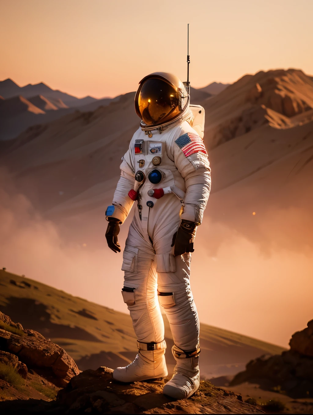 (best quality, masterpiece, highest detailed), (photorealistic:1.2), raw photo, (astronaut), a man in an astronaut suit stands, looks into the distance, stands on a rock, Martian landscape, red sky, space, dark lighting  , epic photo,  (vibrant color), (intricate details), exposure blend, bokeh, dim light, (hdr:1.4), high contrast, (muted colors, dim colors, soothing tones:1.3), low saturation, morbid