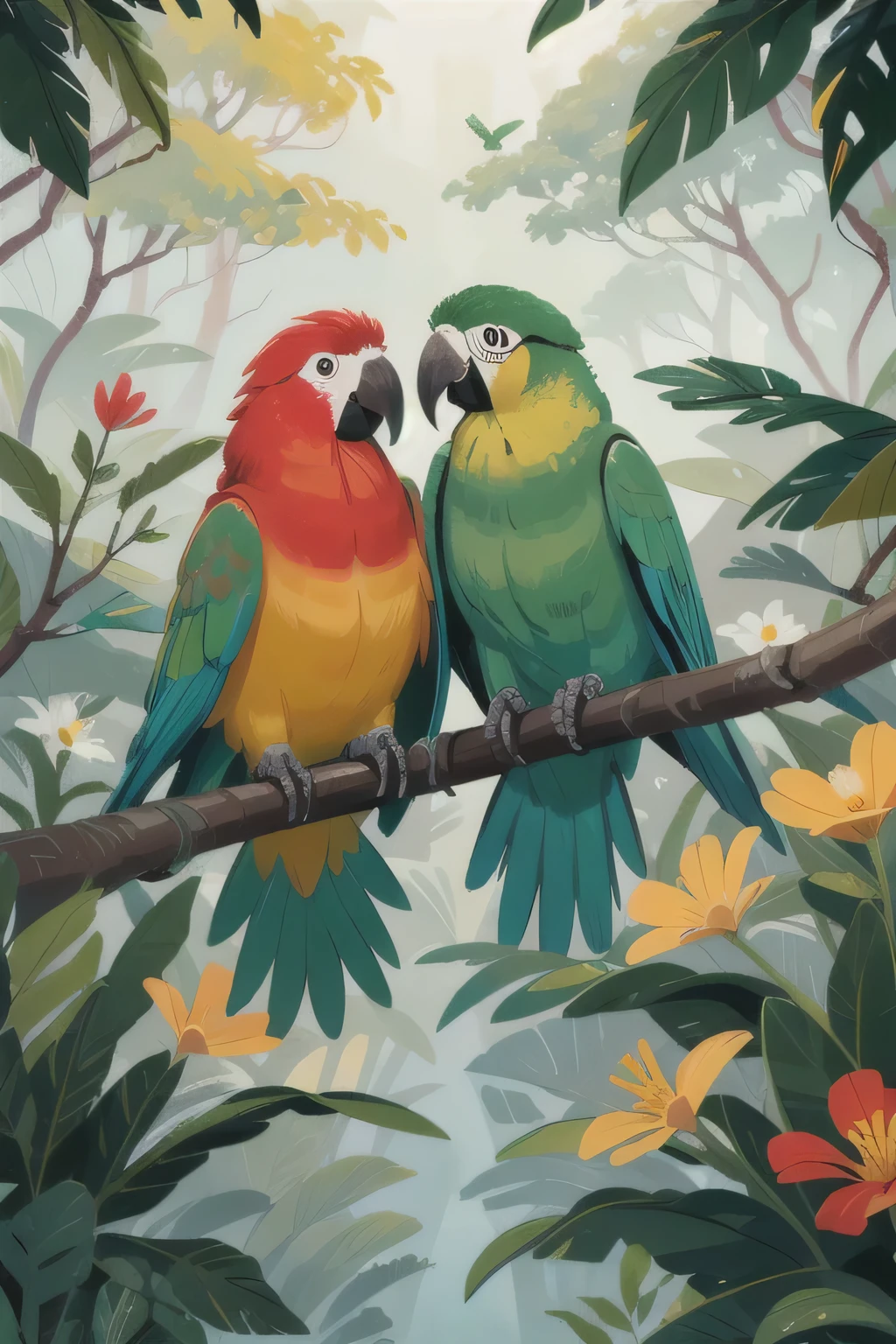 Energetic, Several parrots perched on dense branches, Rainforest, Surrounded by colorful flowers and leaves. Saturated colors and slightly surreal, Fantastic quality, Enhance the natural beauty and mystery of the scene. Bird&#39;s feathers are colorful, Glittering in the dappled sunlight filtering through the treetops, Create an image that is both captivating and mesmerizing