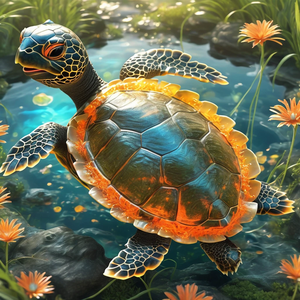 best quality, very good, 16K, ridiculous, Extremely detailed, Lovely(((turtle:1.3)))，Made of transparent boiling lava, Background grassland（（A masterpiece full of fantasy elements）））， （（best quality））， （（Intricate details））（8k）