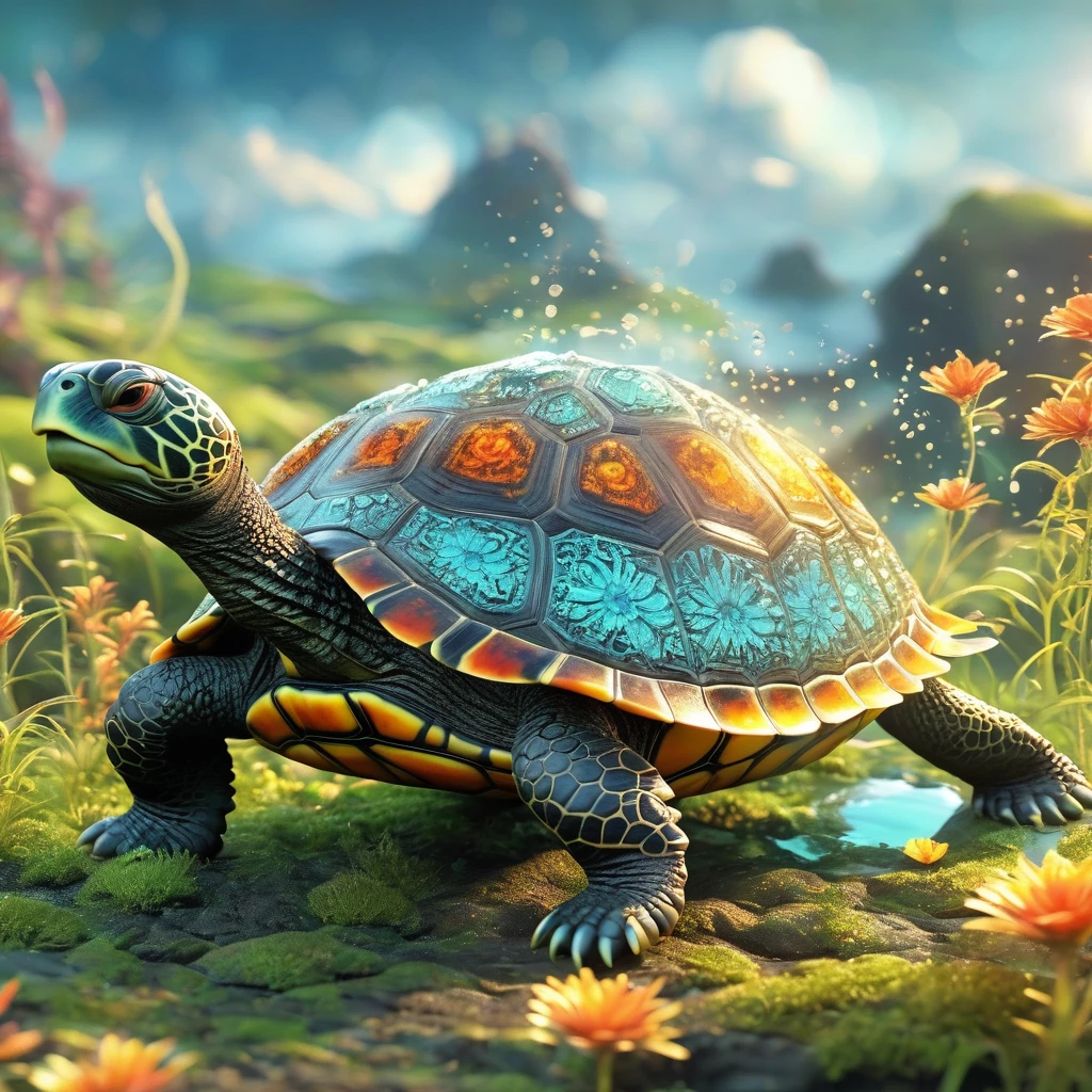 best quality, very good, 16K, ridiculous, Extremely detailed, Lovely(((turtle:1.3)))，Made of transparent boiling lava, Background grassland（（A masterpiece full of fantasy elements）））， （（best quality））， （（Intricate details））（8k）