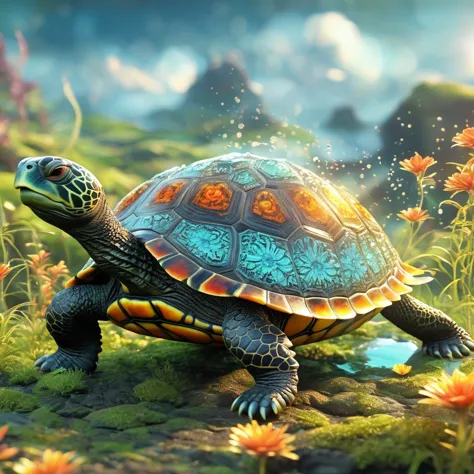 best quality, very good, 16K, ridiculous, Extremely detailed, Lovely(((turtle:1.3)))，Made of transparent boiling lava, Backgroun...