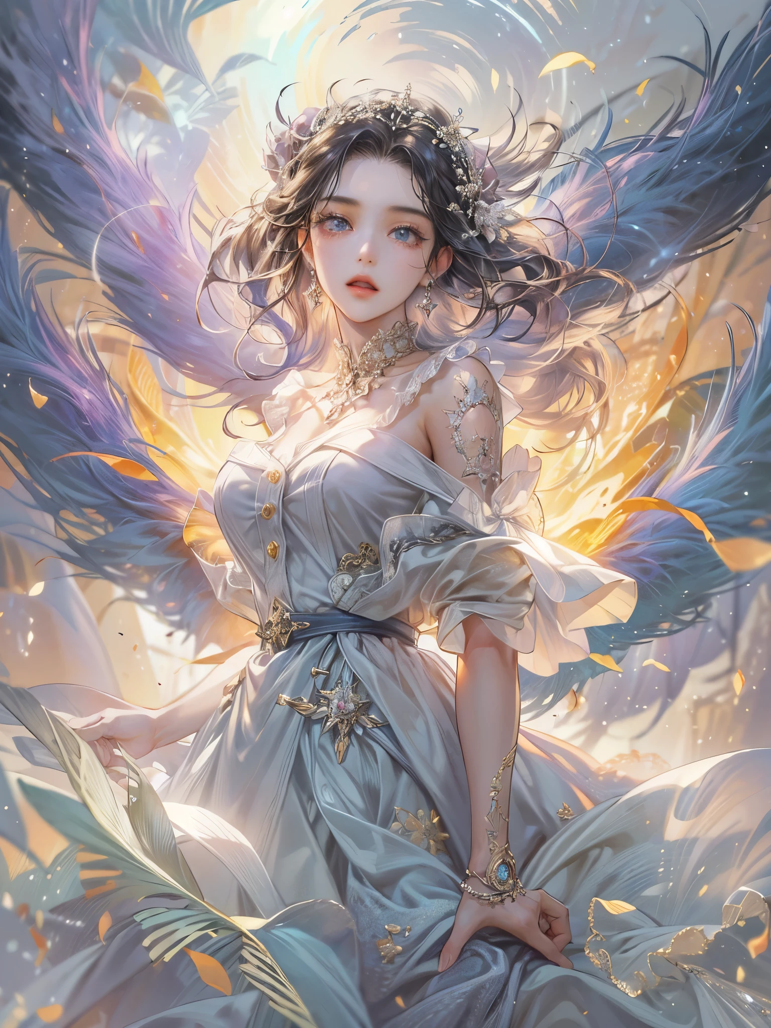 ((highest quality)),(Ultra-high resolution),(Super detailed new),(Detailed Description),((The best CG)),(A masterpiece),Ultra-detailed art,A wonderful new art form,(Art with precise detail:1.5), Light, A female angel descends