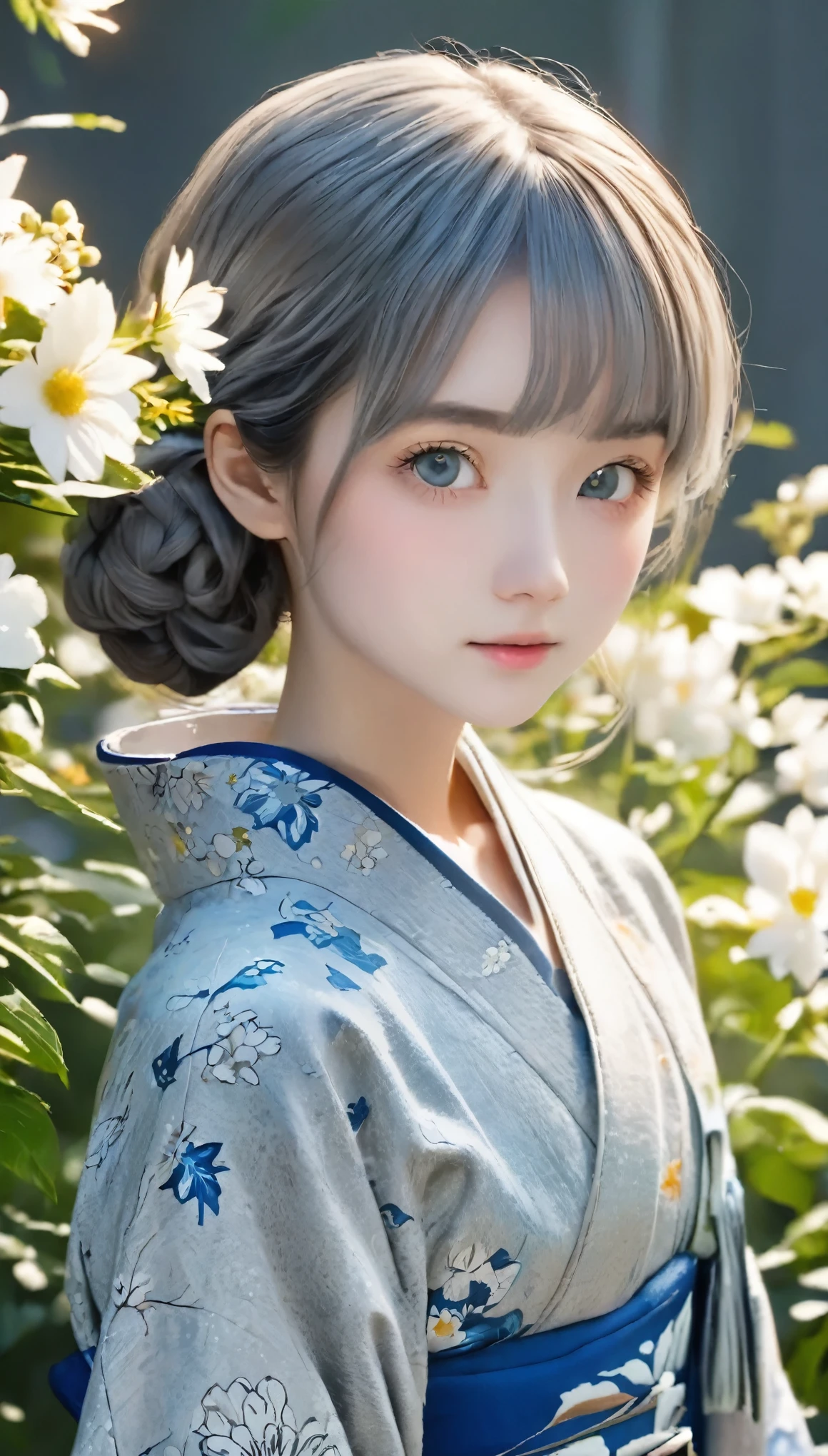 (((gray floral background:1.3)))、highest quality, Tabletop, High resolution, (((One Girl))), 16 years old,(((eyes are gray:1.3)))、Gray kimono、((美しいGray kimono)), Tyndall effect, Realistic, Shadow Studio,Ultramarine Lighting, Dual Tone Lighting, (High Definition Skins: 1.2)、Pale colored lighting、Dim lighting、 Digital SLR, photograph, High resolution, 4K, 8k, Background Blur,Beautiful fade out、gray flower world