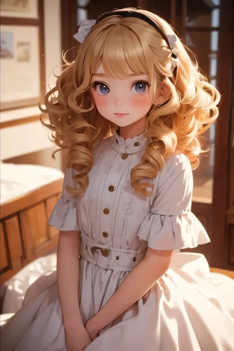there is nothing, highest quality, girl, 10 year old cute girl , blonde, Curly Hair, evil girl, dress
