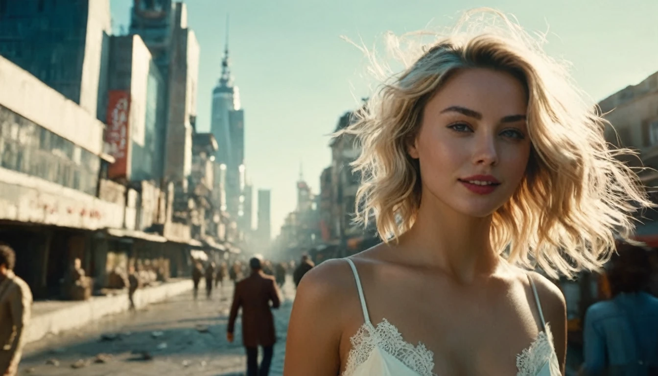 ((high angle camera view from above)) cinematic wide angle full body shot of a short white dressed stylish european long blonde wavy haired woman walks down a street of a cyberpunk megacity at daytime after a nuclear war in a futuristic Dystopian city. Happy smiling face. Blue sky and the sun shines. Ruined skyscrapers in the background.Consistent structure and movement of the character, static 3D environment, consistent structure of the buildings. Both sides of the pedestrian street are very full of garbage, with overturned bins full of waste that have not been emptied for weeks. some people walking in the background. Garbage mounds towers in front of the houses. Filthy dump on the street all around. Dystopian megacity, Chaotic, end of the world atmosphere. Dirt and filth is everywhere. She wears a short two piece white silk lace dress. She has stylish make up and luxury hair style. Highly detailed facial features, full lips, upturned nose, best smile, realistic perfect eyes and face. Photorealistic body and face, highly detailed shiny hair and skin. She walks confidently and casually. Sharp focus, depth of field, lifelike textures, best shadows, best quality. Realism, photorealism, hyperrealism, vintage muted color tones, lomochrome, natural lights, cinematic lighting, contrast lighting, best quality, insanely intricate details, hdr, uhd 8k, 35 mm film, analog,((1970s movie style)), retro, vintage color grading,Award - winning photograph, Masterpiece, 16k,hyper detailed,sfumato, chiaroscuro, beautiful woman, perfect face, rule of thirds, highly detailed hair, ((detailed face)), ((detailed facial features)), (finely detailed skin), pale skin, intricate details, amazing fine detail, neutral colors, Soft front light,cinematic lighting, dramatic lighting,dappled light on face, backlight on hair, sharp focus, wide angle, film grain, dslr, raw photo, photographed on Nikon
