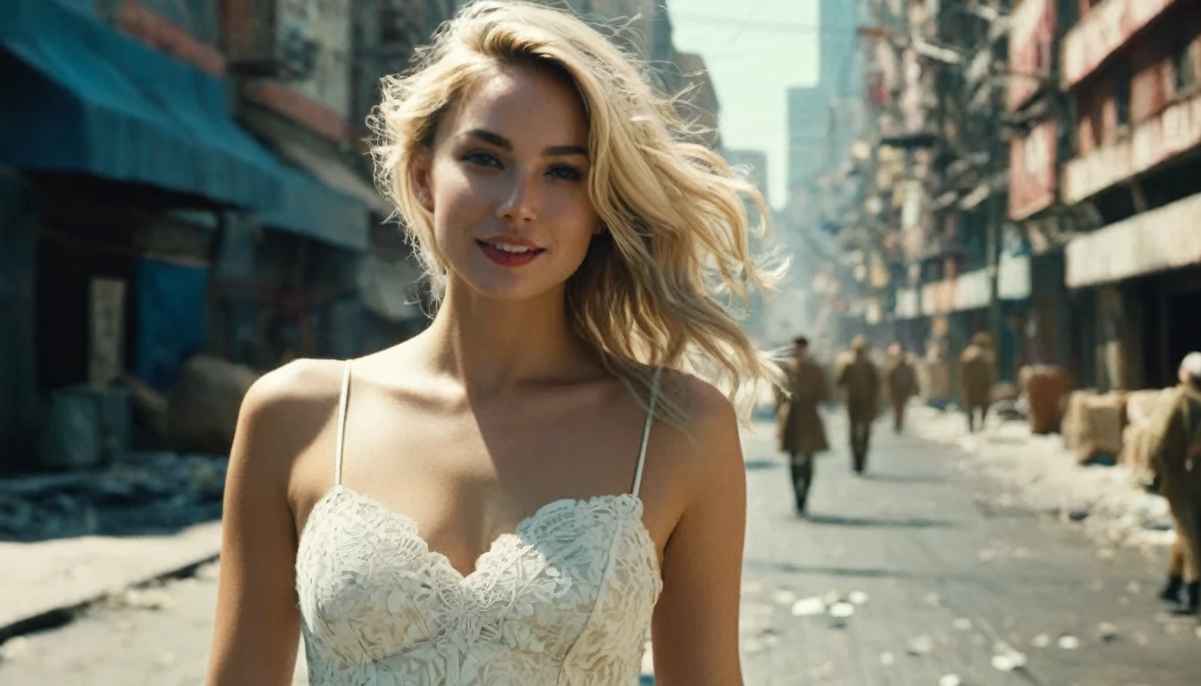 ((high angle camera view from above)) cinematic wide angle full body shot of a short white dressed stylish european long blonde wavy haired woman walks down a street of a cyberpunk megacity at daytime after a nuclear war in a futuristic Dystopian city. Happy smiling face. Blue sky and the sun shines. Ruined skyscrapers in the background.Consistent structure and movement of the character, static 3D environment, consistent structure of the buildings. Both sides of the pedestrian street are very full of garbage, with overturned bins full of waste that have not been emptied for weeks. some people walking in the background. Garbage mounds towers in front of the houses. Filthy dump on the street all around. Dystopian megacity, Chaotic, end of the world atmosphere. Dirt and filth is everywhere. She wears a short two piece white silk lace dress. She has stylish make up and luxury hair style. Highly detailed facial features, full lips, upturned nose, best smile, realistic perfect eyes and face. Photorealistic body and face, highly detailed shiny hair and skin. She walks confidently and casually. Sharp focus, depth of field, lifelike textures, best shadows, best quality. Realism, photorealism, hyperrealism, vintage muted color tones, lomochrome, natural lights, cinematic lighting, contrast lighting, best quality, insanely intricate details, hdr, uhd 8k, 35 mm film, analog,((1970s movie style)), retro, vintage color grading,Award - winning photograph, Masterpiece, 16k,hyper detailed,sfumato, chiaroscuro, beautiful woman, perfect face, rule of thirds, highly detailed hair, ((detailed face)), ((detailed facial features)), (finely detailed skin), pale skin, intricate details, amazing fine detail, neutral colors, Soft front light,cinematic lighting, dramatic lighting,dappled light on face, backlight on hair, sharp focus, wide angle, film grain, dslr, raw photo, photographed on Nikon
