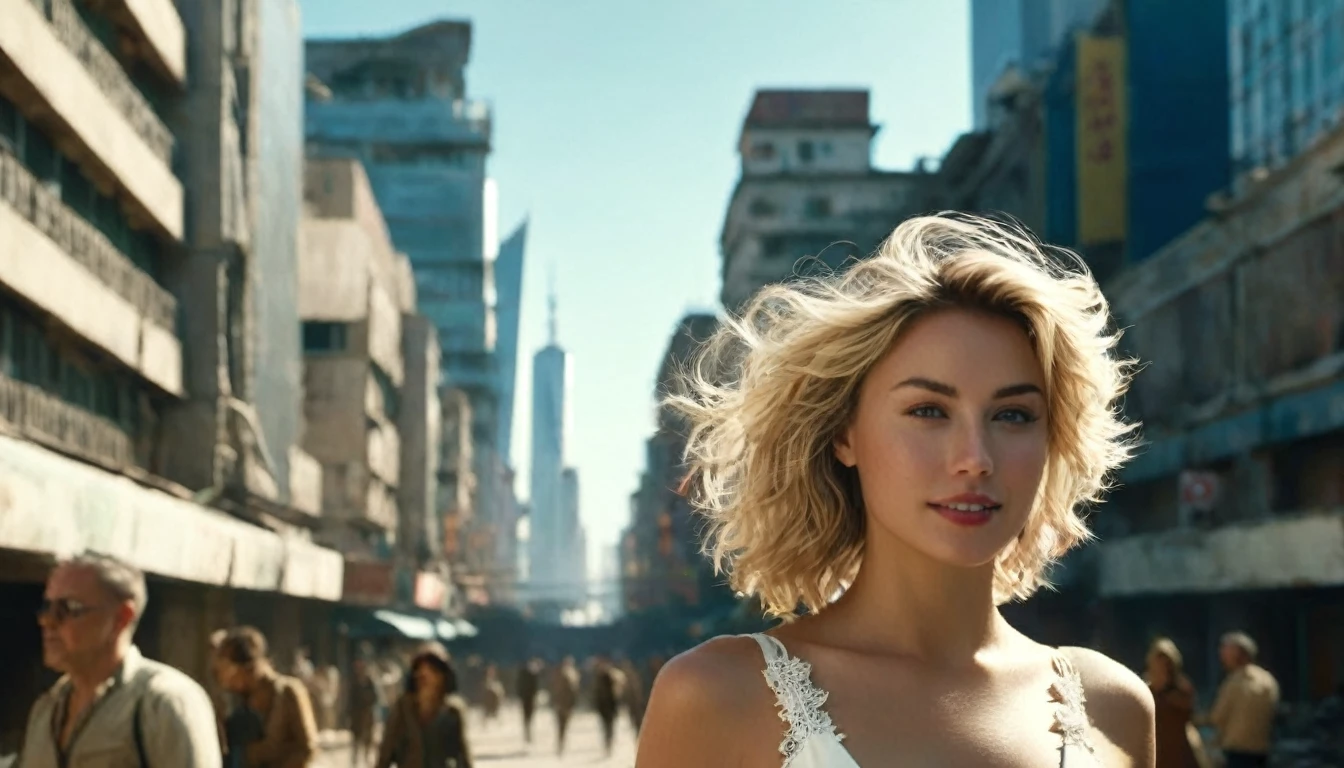 ((high angle camera view from above)) cinematic wide angle full body shot of a short white dressed stylish european long blonde wavy haired woman walks down a street of a cyberpunk megacity at daytime after a nuclear war in a futuristic Dystopian city. Happy smiling face. Blue sky and the sun shines. Ruined skyscrapers in the background.Consistent structure and movement of the character, static 3D environment, consistent structure of the buildings. Both sides of the pedestrian street are very full of garbage, with overturned bins full of waste that have not been emptied for weeks. some people walking in the background. Garbage mounds towers in front of the houses. Filthy dump on the street all around. Dystopian megacity, Chaotic, end of the world atmosphere. Dirt and filth is everywhere. She wears a short two piece white silk lace dress. She has stylish make up and luxury hair style. Highly detailed facial features, full lips, upturned nose, best smile, realistic perfect eyes and face. Photorealistic body and face, highly detailed shiny hair and skin. She walks confidently and casually. Sharp focus, depth of field, lifelike textures, best shadows, best quality. Realism, photorealism, hyperrealism, vintage muted color tones, lomochrome, natural lights, cinematic lighting, contrast lighting, best quality, insanely intricate details, hdr, uhd 8k, 35 mm film, analog,((1970s movie style)), retro, vintage color grading,Award - winning photograph, Masterpiece, 16k,hyper detailed,sfumato, chiaroscuro, beautiful woman, perfect face, rule of thirds, highly detailed hair, ((detailed face)), ((detailed facial features)), (finely detailed skin), pale skin, intricate details, amazing fine detail, neutral colors, Soft front light,cinematic lighting, dramatic lighting,dappled light on face, backlight on hair, sharp focus, wide angle, film grain, dslr, raw photo, photographed on Nikon
