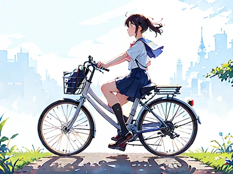 (masterpiece, highest quality:1.2), reality、(one girl riding a bicycle), alone、high school girl、uniform、(no bags)、(whole)、(from ...