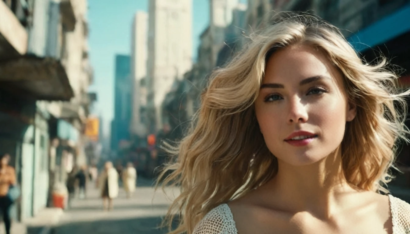 ((high angle camera view from above)) cinematic wide angle full body shot of a short white dressed stylish european long blonde wavy haired woman walks down a street of a cyberpunk megacity at daytime after a nuclear war in a futuristic Dystopian city. Happy smiling face. Blue sky and the sun shines. Ruined skyscrapers in the background.Consistent structure and movement of the character, static 3D environment, consistent structure of the buildings. Both sides of the pedestrian street are very full of garbage, with overturned bins full of waste that have not been emptied for weeks. some people walking in the background. Garbage mounds towers in front of the houses. Filthy dump on the street all around. Dystopian megacity, Chaotic, end of the world atmosphere. Dirt and filth is everywhere. She wears a short two piece white silk lace dress. She has stylish make up and luxury hair style. Highly detailed facial features, full lips, upturned nose, best smile, realistic perfect eyes and face. Photorealistic body and face, highly detailed shiny hair and skin. She walks confidently and casually. Sharp focus, depth of field, lifelike textures, best shadows, best quality. Realism, photorealism, hyperrealism, vintage muted color tones, lomochrome, natural lights, cinematic lighting, contrast lighting, best quality, insanely intricate details, hdr, uhd 8k, 35 mm film, analog,((1970s movie style)), retro, vintage color grading,Award - winning photograph, Masterpiece, 16k,hyper detailed,sfumato, chiaroscuro, beautiful woman, perfect face, rule of thirds, highly detailed hair, ((detailed face)), ((detailed facial features)), (finely detailed skin), pale skin, intricate details, amazing fine detail, neutral colors, Soft front light,cinematic lighting, dramatic lighting,dappled light on face, backlight on hair, sharp focus, wide angle, film grain, dslr, raw photo, photographed on Nikon
