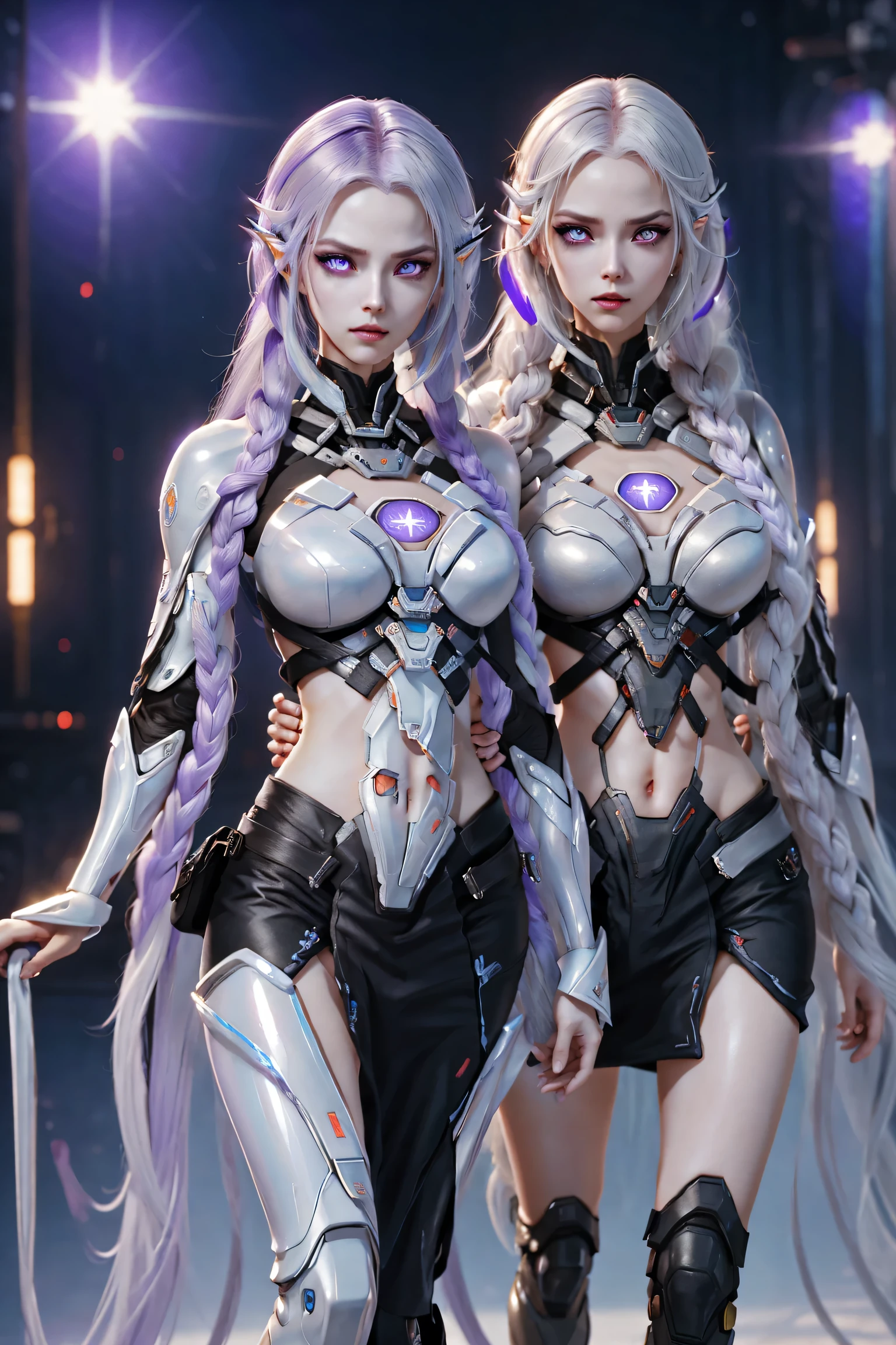 Two cyborg girls standing standing side by side looking at the viewer, yinji, purple hair, purple eyes, long hair, white hair, double braids, gradient hair, highly detailed, intricate machinery, glossy metal skin, glowing blue lights, complex circuitry, futuristic technology, edge light, dramatic lighting, beautiful starry background, octane rendering, cool, personality, brave, realistic 3D render, cinematic composition, award winning digital art, best quality, masterpiece, illustrations, very exquisite and beautiful, very detailed, CG, unity, wallpaper, stunning, exquisite details