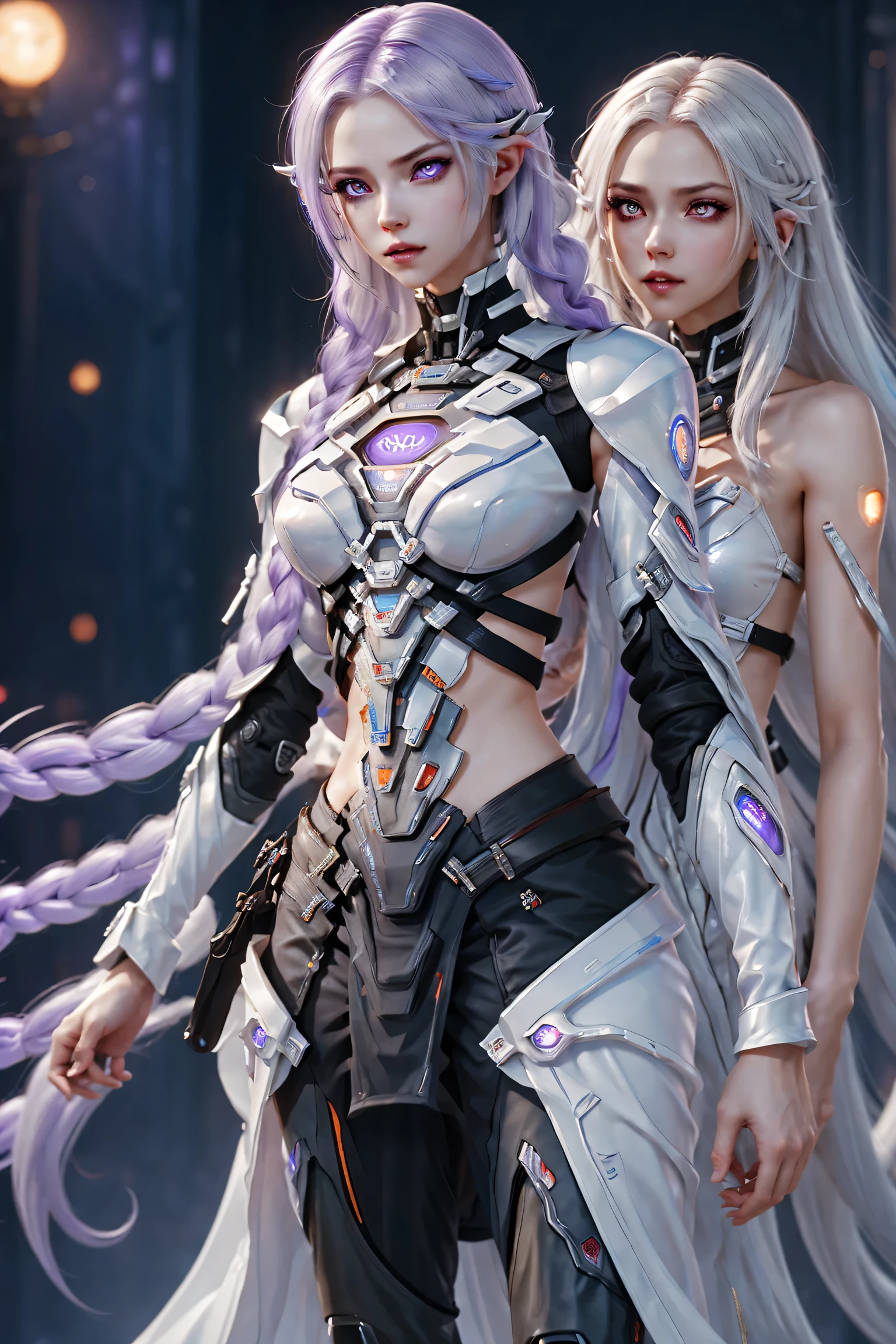 Two cyborg girls standing standing side by side looking at the viewer, yinji, purple hair, purple eyes, long hair, white hair, double braids, gradient hair, highly detailed, intricate machinery, glossy metal skin, glowing blue lights, complex circuitry, futuristic technology, edge light, dramatic lighting, beautiful starry background, octane rendering, cool, personality, brave, realistic 3D render, cinematic composition, award winning digital art, best quality, masterpiece, illustrations, very exquisite and beautiful, very detailed, CG, unity, wallpaper, stunning, exquisite details