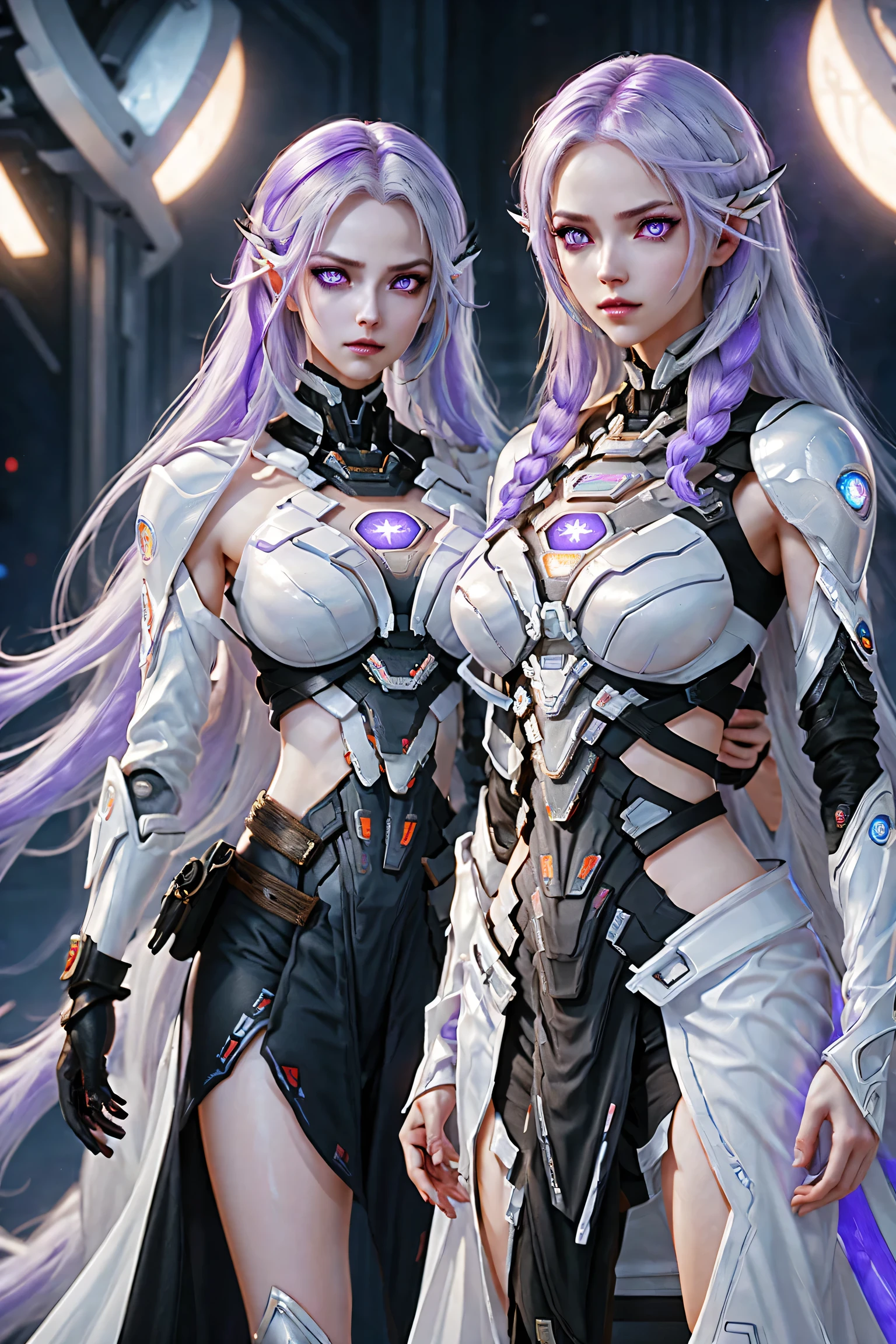 Two cyborg girls standing standing side by side looking at the viewer, yinji, purple hair, purple eyes, long hair, white hair, double braids, gradient hair, highly detailed, intricate machinery, glossy metal skin, glowing blue lights, complex circuitry, futuristic technology, edge light, dramatic lighting, beautiful starry background, octane rendering, cool, personality, brave, realistic 3D render, cinematic composition, award winning digital art, best quality, masterpiece, illustrations, very exquisite and beautiful, very detailed, CG, unity, wallpaper, stunning, exquisite details