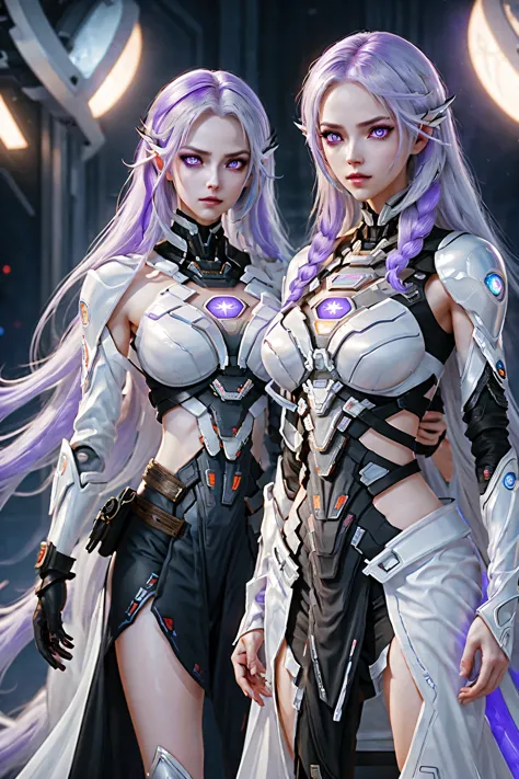 Two cyborg girls standing standing side by side looking at the viewer, yinji, purple hair, purple eyes, long hair, white hair, d...
