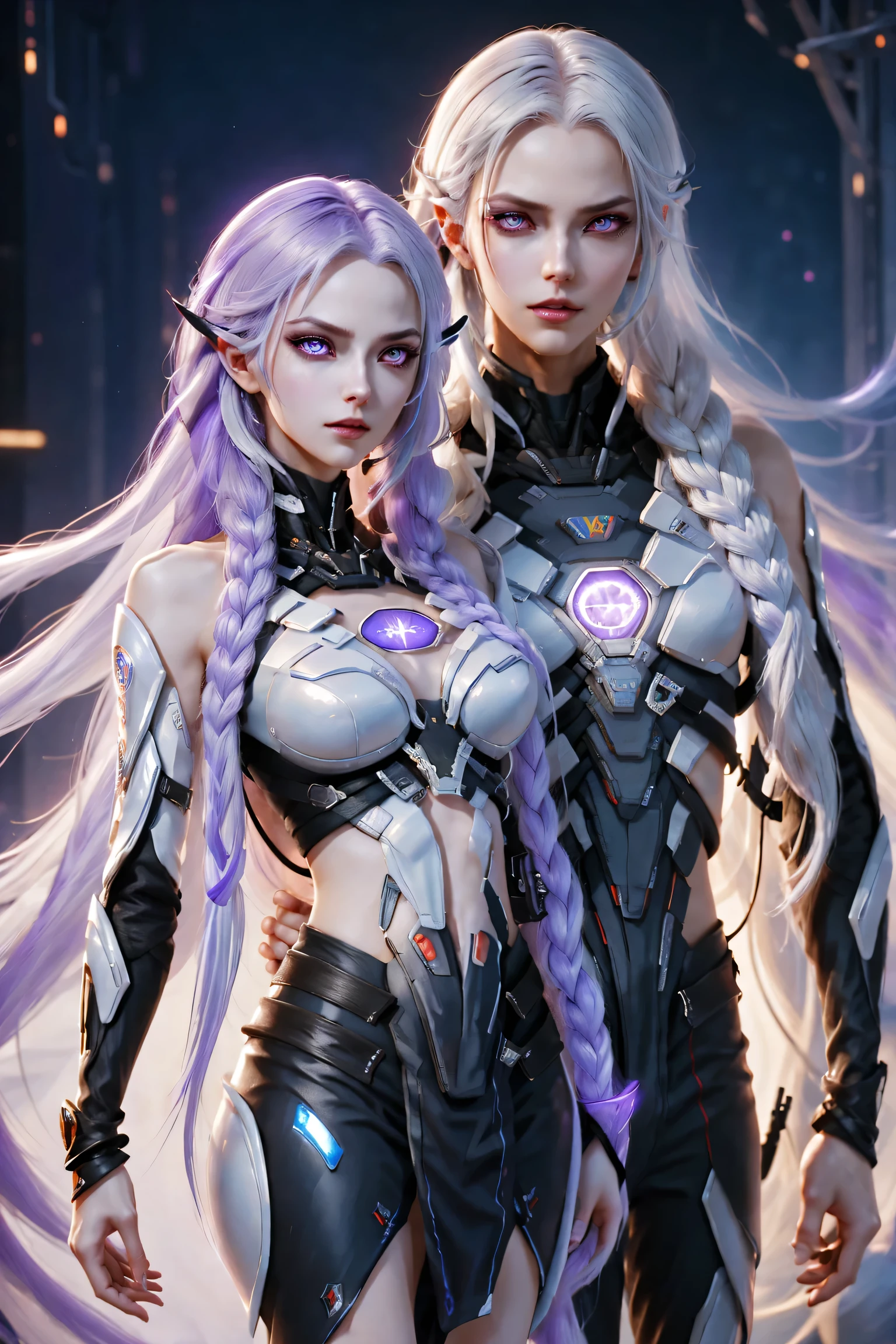 detailed portrait of two secret agent lovers, man and woman standing standing side by side looking at the viewer, yinji, purple hair, purple eyes, long hair, white hair, double braids, gradient hair, highly detailed, intricate machinery, glossy metal skin, glowing blue lights, complex circuitry, futuristic technology, edge light, dramatic lighting, beautiful starry background, octane rendering, cool, personality, brave, realistic 3D render, cinematic composition, award winning digital art, best quality, masterpiece, illustrations, very exquisite and beautiful, very detailed, CG, unity, wallpaper, stunning, exquisite details