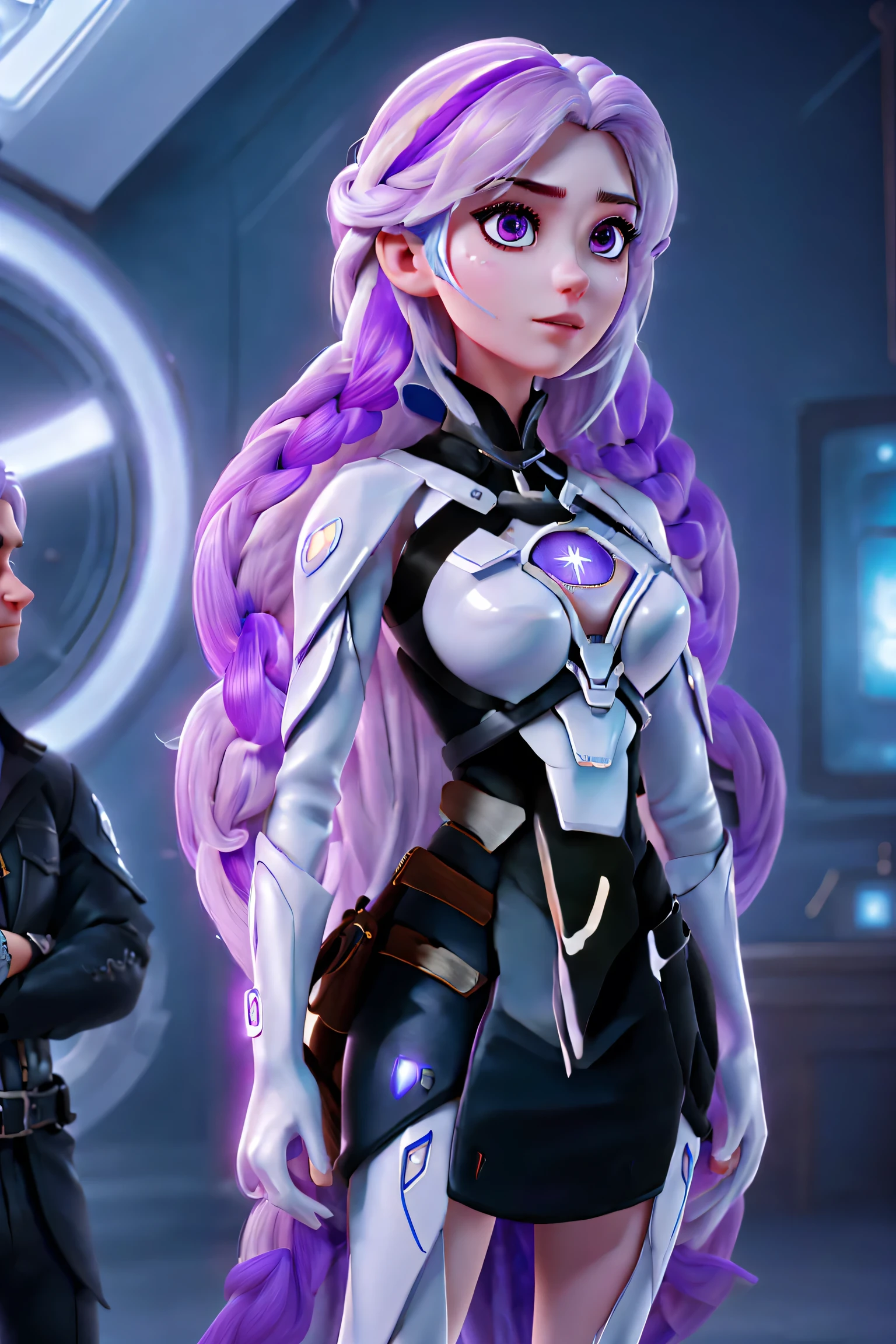 detailed portrait of two secret agent lovers, man and woman standing standing side by side looking at the viewer, yinji, purple hair, purple eyes, long hair, white hair, double braids, gradient hair, highly detailed, intricate machinery, glossy metal skin, glowing blue lights, complex circuitry, futuristic technology, edge light, dramatic lighting, beautiful starry background, octane rendering, cool, personality, brave, realistic 3D render, cinematic composition, award winning digital art, best quality, masterpiece, illustrations, very exquisite and beautiful, very detailed, CG, unity, wallpaper, stunning, exquisite details