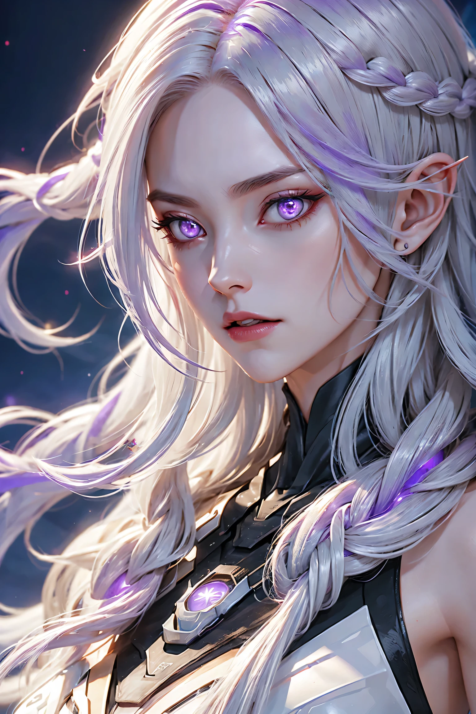 Two cyborg girls standing standing side by side looking at the viewer, yinji, purple hair, purple eyes, long hair, white hair, double braids, gradient hair, highly detailed, intricate machinery, glossy metal skin, glowing blue lights, complex circuitry, futuristic technology, edge light, dramatic lighting, beautiful starry background, octane rendering, cool, personality, brave, realistic 3D render, cinematic composition, award winning digital art, best quality, masterpiece, illustrations, very exquisite and beautiful, very detailed, CG, unity, wallpaper, stunning, exquisite details