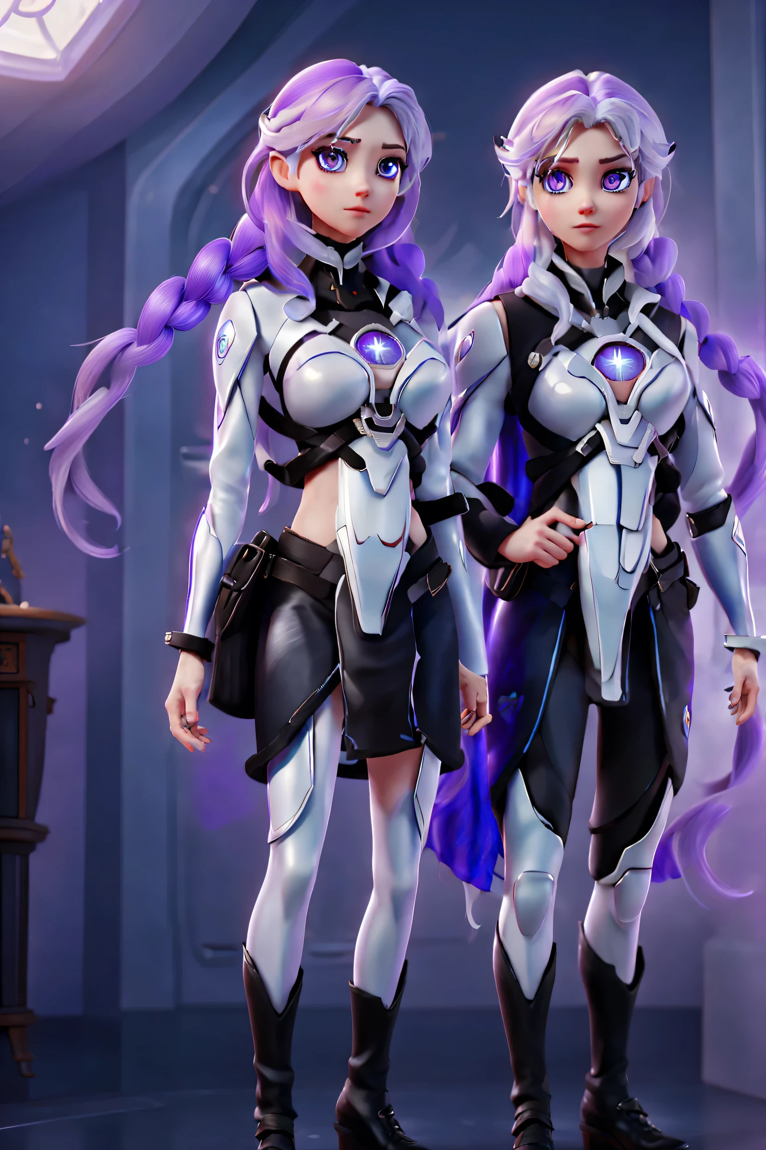 detailed portrait of two secret agent lovers, man and woman standing standing side by side looking at the viewer, yinji, purple hair, purple eyes, long hair, white hair, double braids, gradient hair, highly detailed, intricate machinery, glossy metal skin, glowing blue lights, complex circuitry, futuristic technology, edge light, dramatic lighting, beautiful starry background, octane rendering, cool, personality, brave, realistic 3D render, cinematic composition, award winning digital art, best quality, masterpiece, illustrations, very exquisite and beautiful, very detailed, CG, unity, wallpaper, stunning, exquisite details