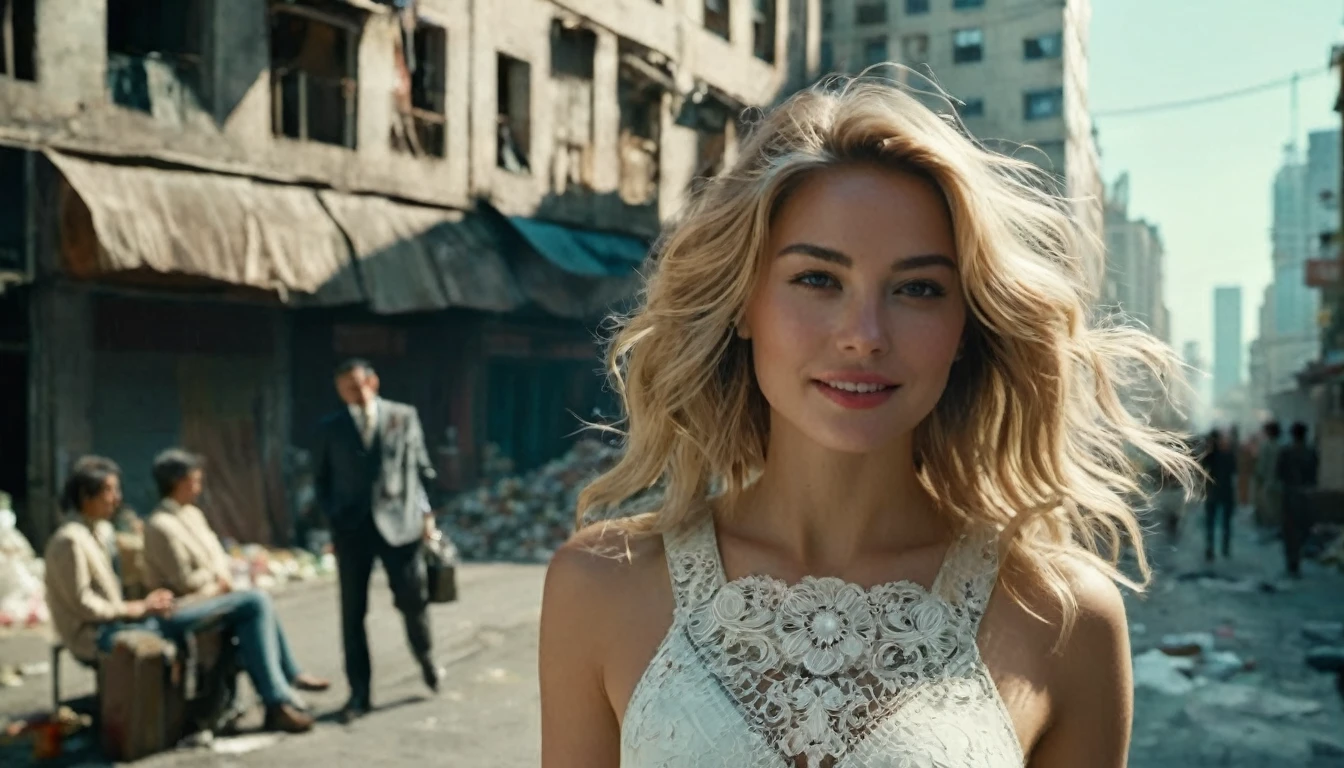 ((high angle camera view from above)) cinematic wide angle full body shot of a short white dressed stylish european long blonde wavy haired woman walks down a street of a cyberpunk megacity at daytime after a nuclear war in a futuristic Dystopian city. Happy smiling face. Blue sky and the sun shines. Ruined skyscrapers in the background. (( She wears the same white short dress s on each image)) . Consistent structure and movement of the character, static 3D environment, consistent structure of the buildings. Both sides of the pedestrian street are very full of garbage, with overturned bins full of waste that have not been emptied for weeks. some people walking in the background. Garbage mounds towers in front of the houses. Filthy dump on the street all around. Dystopian megacity, Chaotic, end of the world atmosphere. Dirt and filth is everywhere. She wears a short two piece white silk lace dress. She has stylish make up and luxury hair style. Highly detailed facial features, full lips, upturned nose, best smile, realistic perfect eyes and face. Photorealistic body and face, highly detailed shiny hair and skin. She walks confidently and casually. Sharp focus, depth of field, lifelike textures, best shadows, best quality. Realism, photorealism, hyperrealism, vintage muted color tones, lomochrome, natural lights, cinematic lighting, contrast lighting, best quality, insanely intricate details, hdr, uhd 8k, 35 mm film, analog,((1970s movie style)), retro, vintage color grading,Award - winning photograph, Masterpiece, 16k,hyper detailed,sfumato, chiaroscuro, beautiful woman, perfect face, rule of thirds, highly detailed hair, ((detailed face)), ((detailed facial features)), (finely detailed skin), pale skin, intricate details, amazing fine detail, neutral colors, Soft front light,cinematic lighting, dramatic lighting,dappled light on face, backlight on hair, sharp focus, wide angle, film grain, dslr, raw photo, photographed on Nikon
