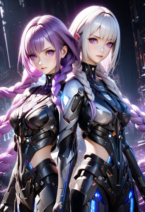 two cyborg girls standing standing side by side looking at the viewer, yinji, purple hair, purple eyes, long hair, white hair, d...