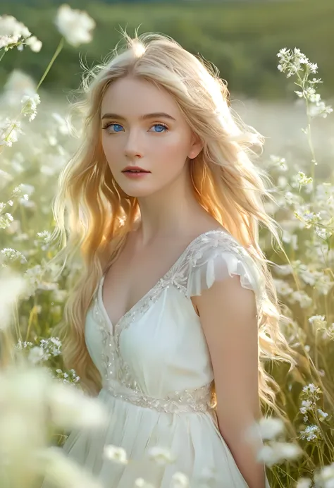 a beautiful young european woman in a white dress on a meadow, golden hair and blue eyes, natural lighting on her face and hair,...