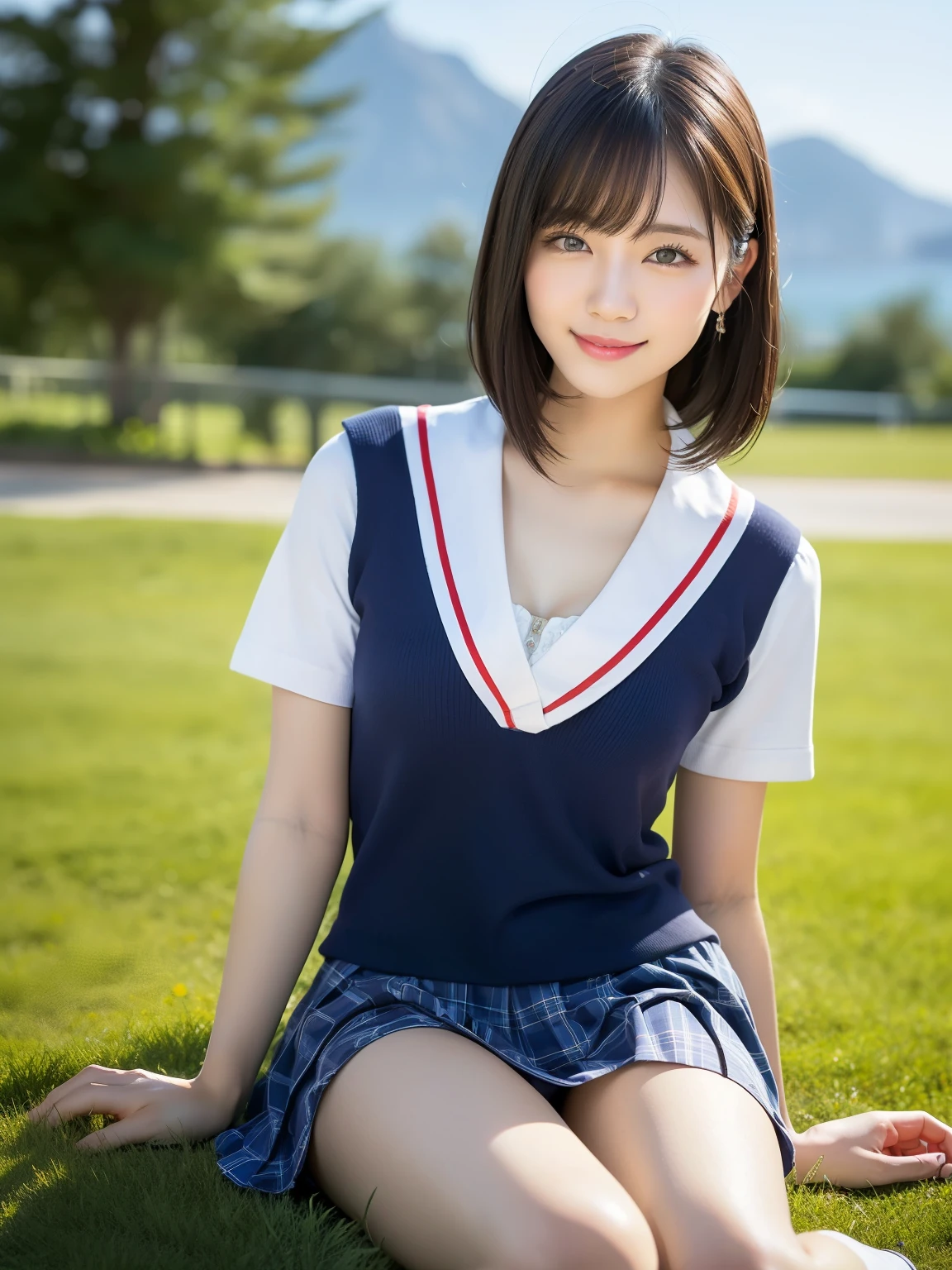 (Highest quality: 1.5), (Realistic: 1.5), (1 person: 1.5), Highly detailed, High resolution, 8k, Medium breasts, Natural colored lips, Cute smile, Japanese woman, 20 year old girl, Beautiful and graceful features, perfect and beautiful face, balanced big eyes, brunette eyes, beautiful and graceful features, natural double eyelids, natural bangs, beautiful thin nose, beautiful skin, medium bob hair, natural bangs , perfect and beautiful face, slim face and figure, summer blue sky, mountain grass park, look at the viewer, tight school sailor suit, (short sleeve school sailor suit), plaid pleated micro mini skirt, knee-high socks, Beautiful navel, open navel, wearing a school sailor uniform that shows the navel, high angle composition (looking at the camera with a sweet smile), bright lighting, professional lighting, forward lighting, beautiful legs: 1.2, smooth skin, slim body , slim waistline, slim thin thighs, (sitting on the grass), white clover blooming, cleavage,