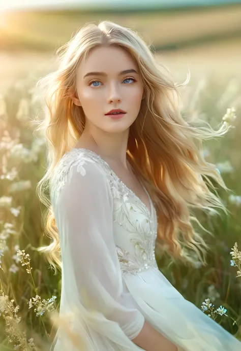 a beautiful young european woman in a white dress on a meadow, golden hair and blue eyes, natural lighting on her face and hair,...