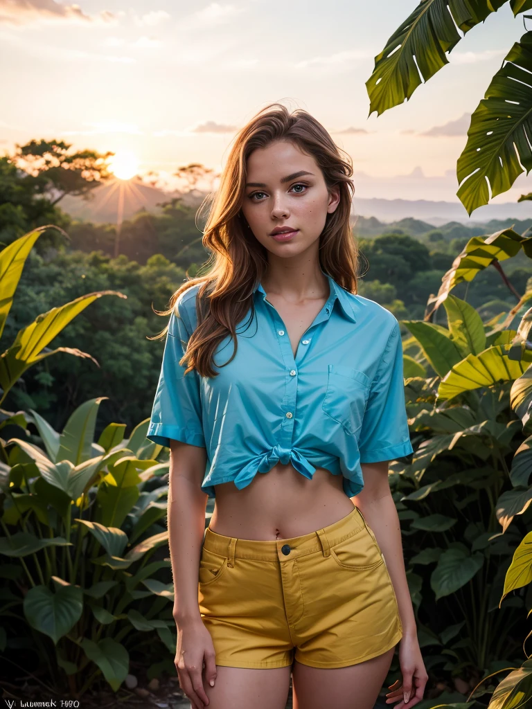 photo of S417_ViktoriaMakarenko,a stunning woman,in a (jungle:1.1),wearing a (shirt:1.1),(shorts),(sunset),(4k, RAW photo, best quality, 50mm, depth of field, ultra high res:1.1),(intricate, photorealistic, cinematic-shot, masterpiece, ultra-detailed:1.1),