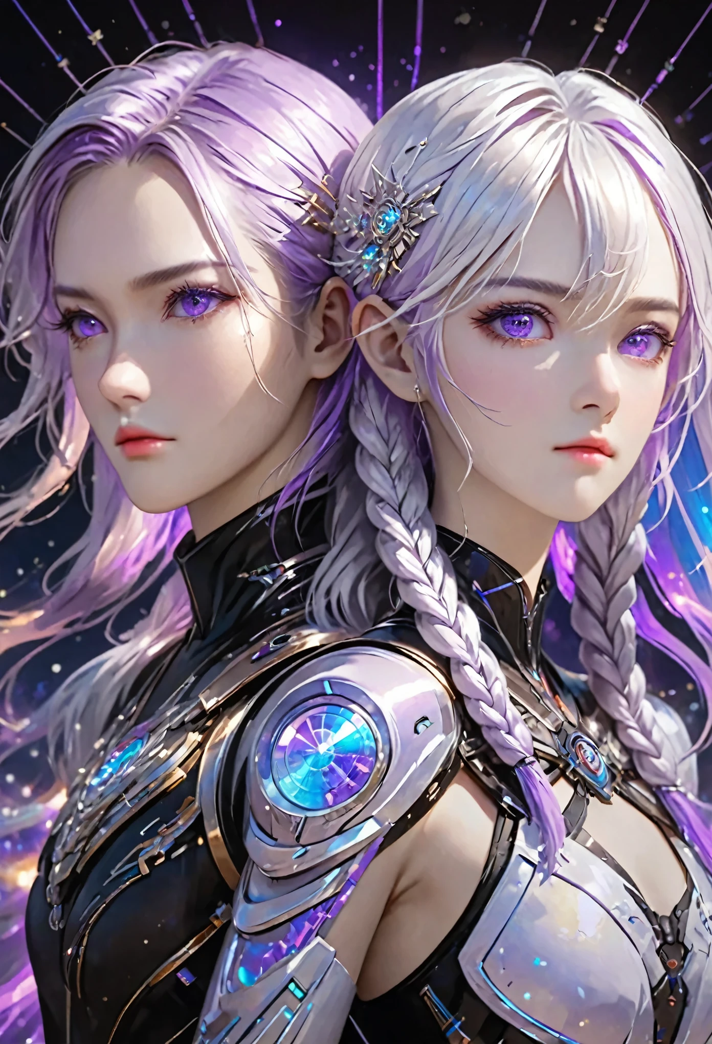 detailed portrait of two secret agent lovers, (man and woman standing standing side by side looking at the viewer), yinji, purple hair, purple eyes, long hair, white hair, double braids, gradient hair, highly detailed, intricate machinery, glossy metal skin, glowing blue lights, complex circuitry, futuristic technology, edge light, dramatic lighting, beautiful starry background, octane rendering, cool, personality, brave, realistic 3D render, cinematic composition, award winning digital art, best quality, masterpiece, illustrations, very exquisite and beautiful, very detailed, CG, unity, wallpaper, stunning, exquisite details