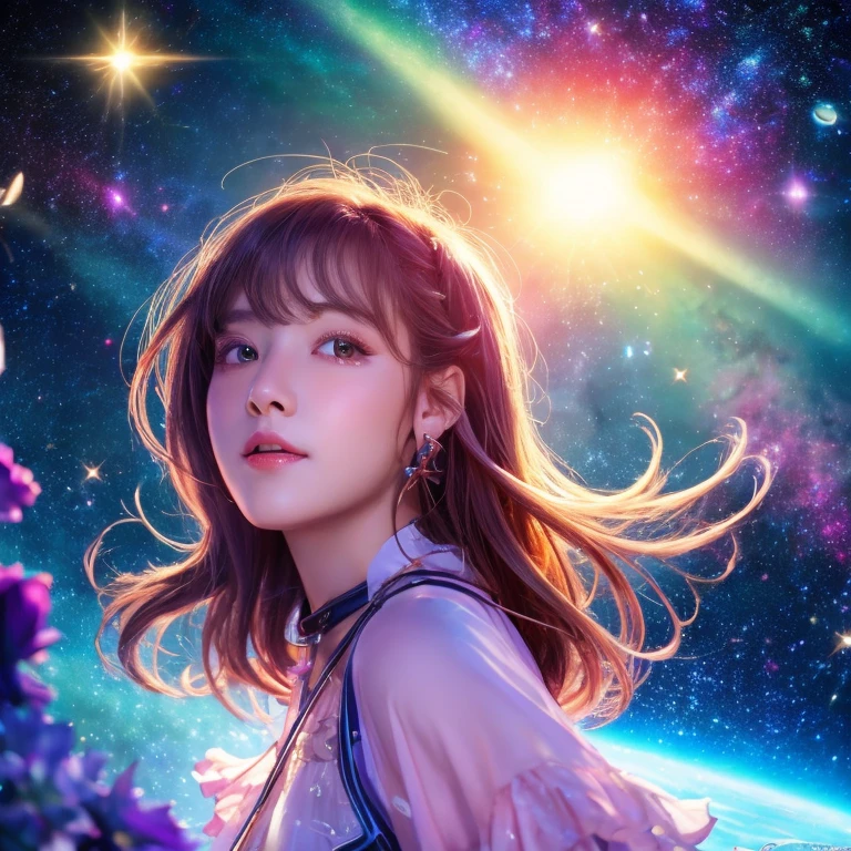 High Detail, Super Detail, Ultra-high resolution, Girl enjoying time in fantasy galaxy, Surrounded by stars, The warm light shines on her, Background is starry sky，There are colorful galaxies and galaxy clouds, Stars flew around her, Delicate face, Add a fun atmosphere , --v6